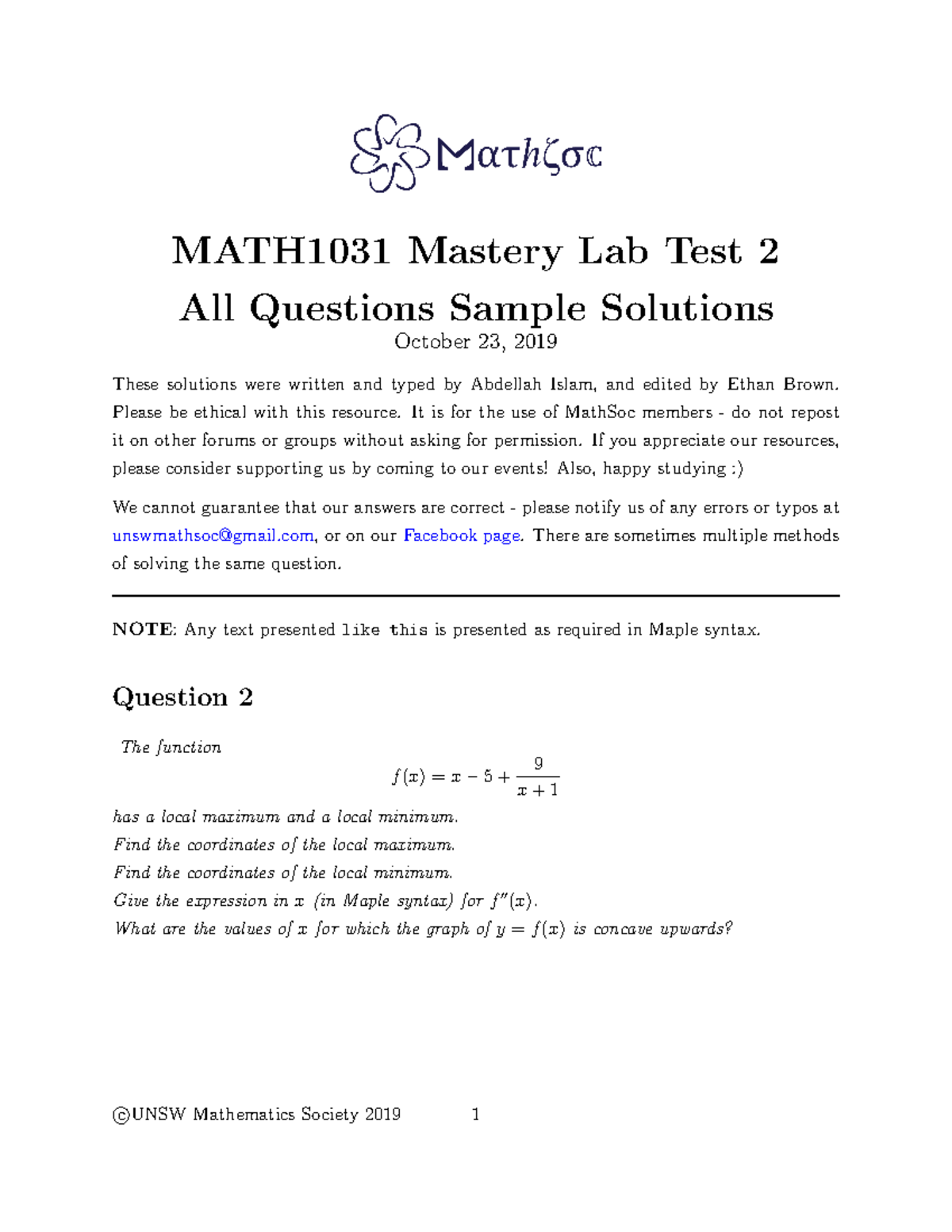 MATH1031 Mastery Lab-test Two Solutions - MATH1031 Mastery Lab Test 2 ...