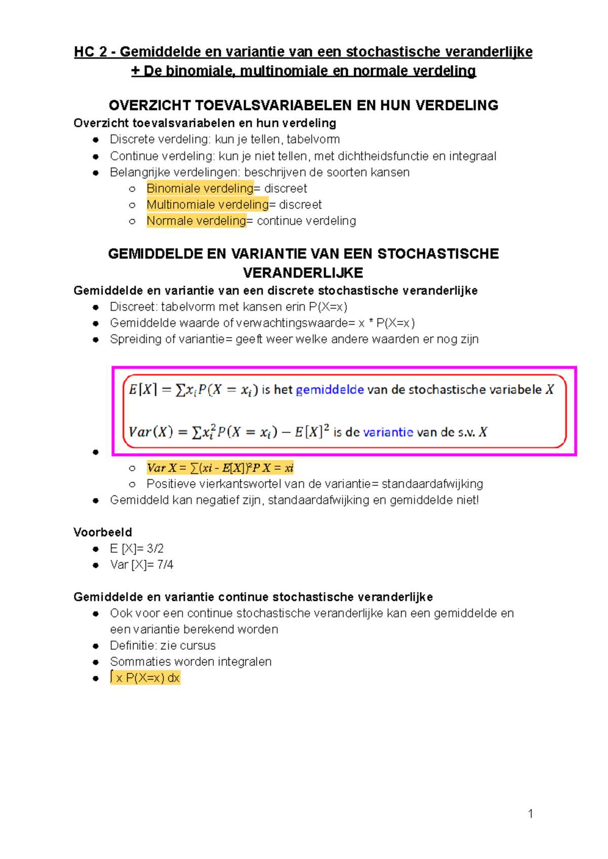 HC 2 - Gemiddelde en variantie van een stochastische veranderlijke + De ...