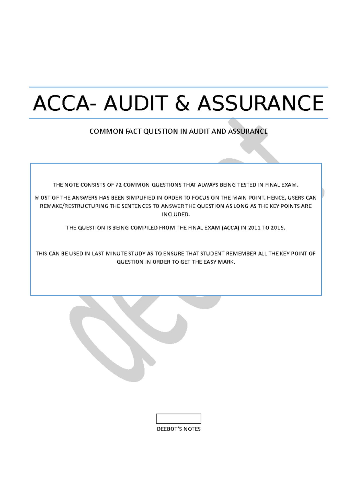 Aa facts - ACCA- AUDIT & ASSURANCE COMMON FACT QUESTION IN AUDIT AND ...