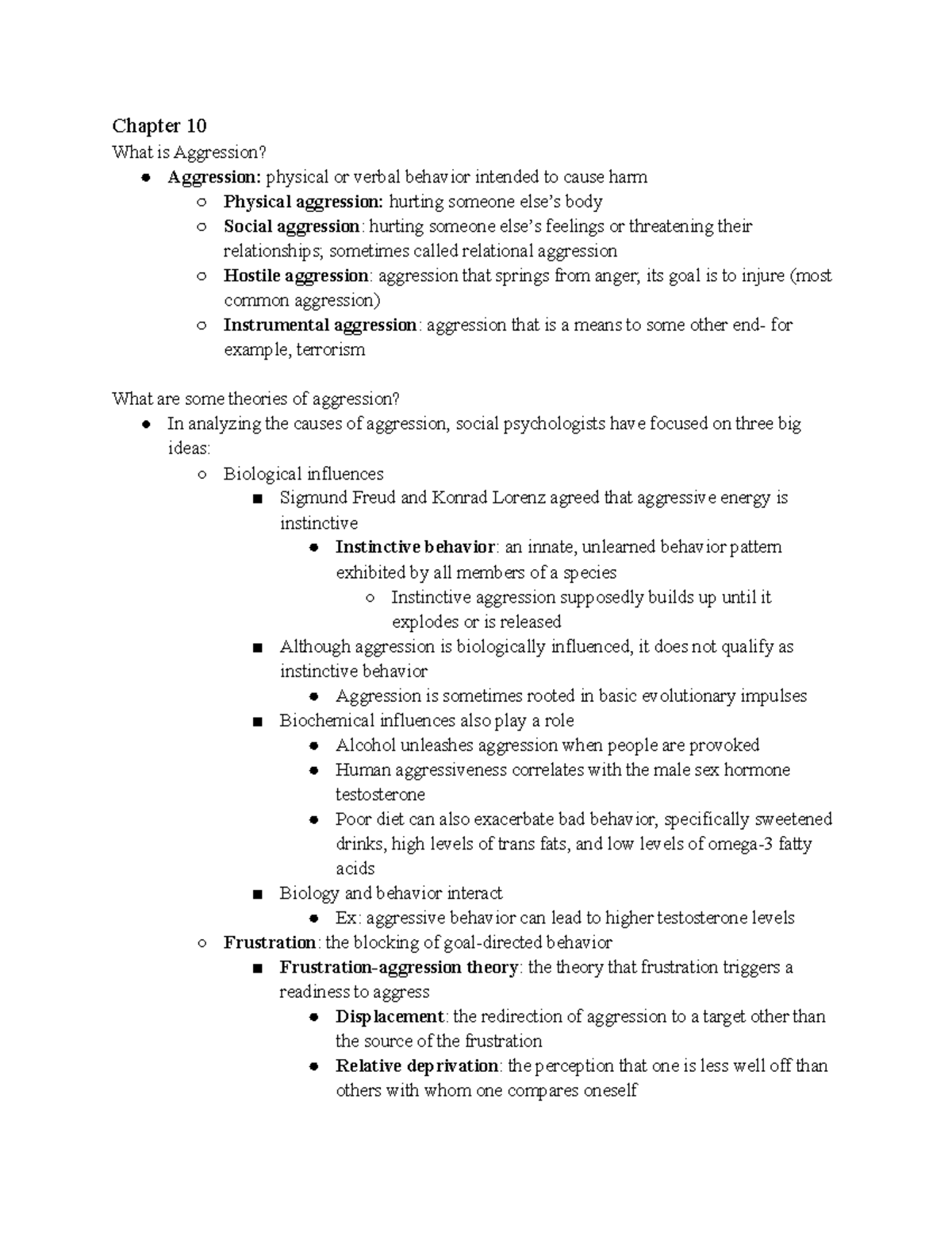 PSY 150 Chapter 10 Notes - Chapter 10 What Is Aggression? Aggression ...