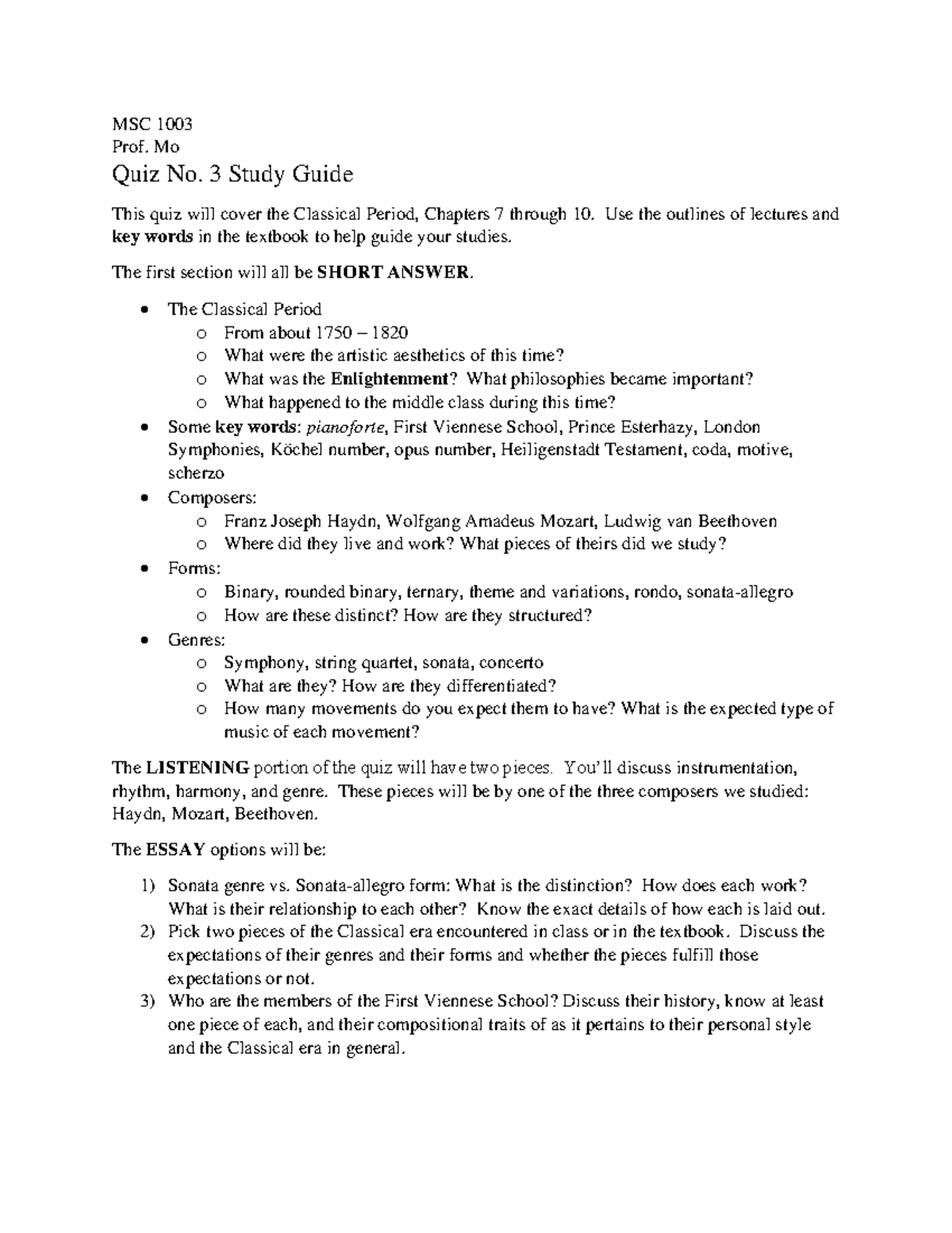 MSC 1003 Quiz 3 Study Guide - MSC 1003 Prof. Mo Quiz No. 3 Study Guide ...