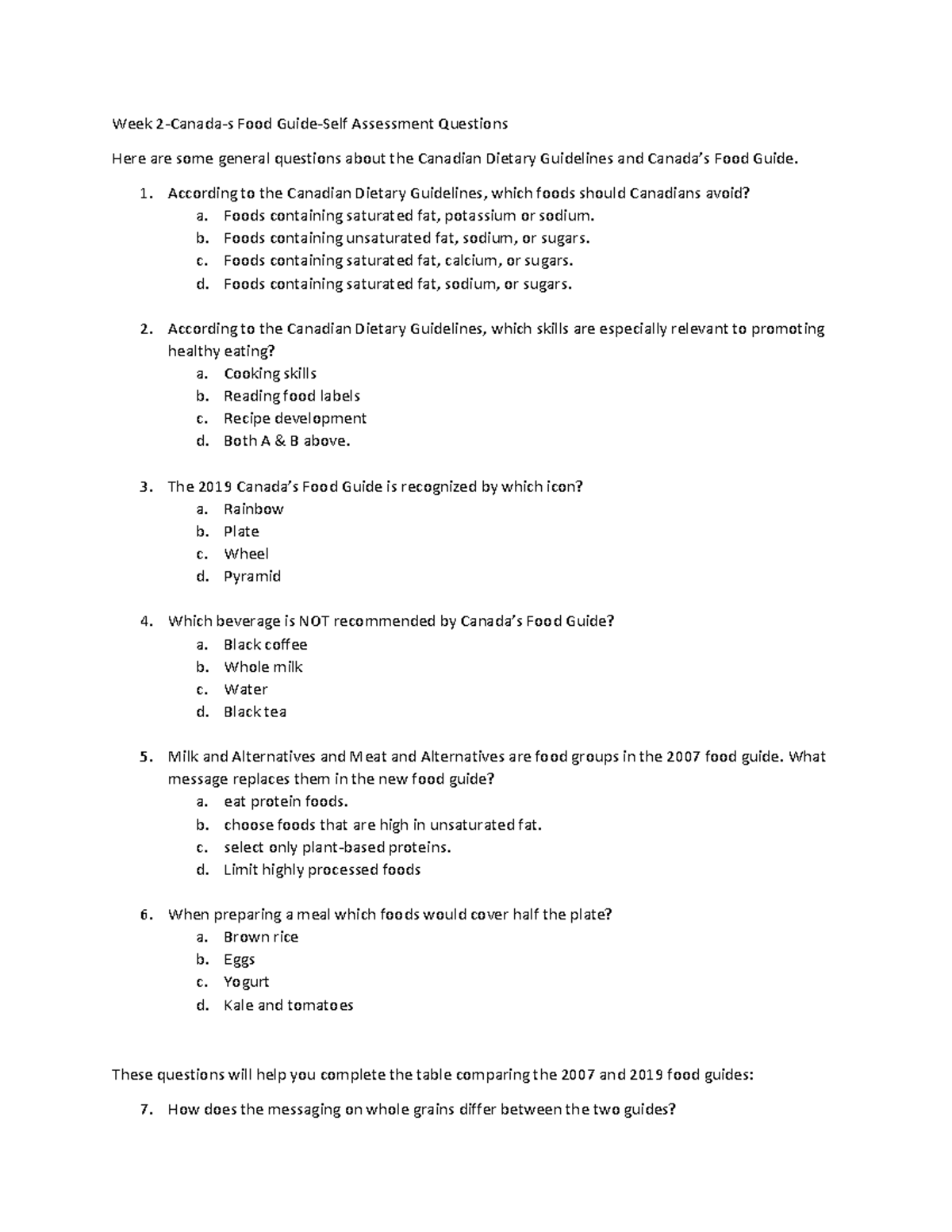 Week+2 Canada s+Food+Guide Self+Assessment+Questions - Week 2-Canada-s ...