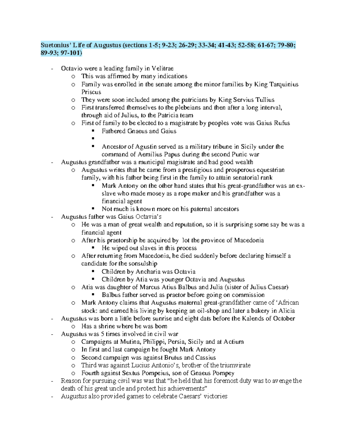 Week 1 Augustus Notes Suetonius’ Life of Augustus (sections 15; 923