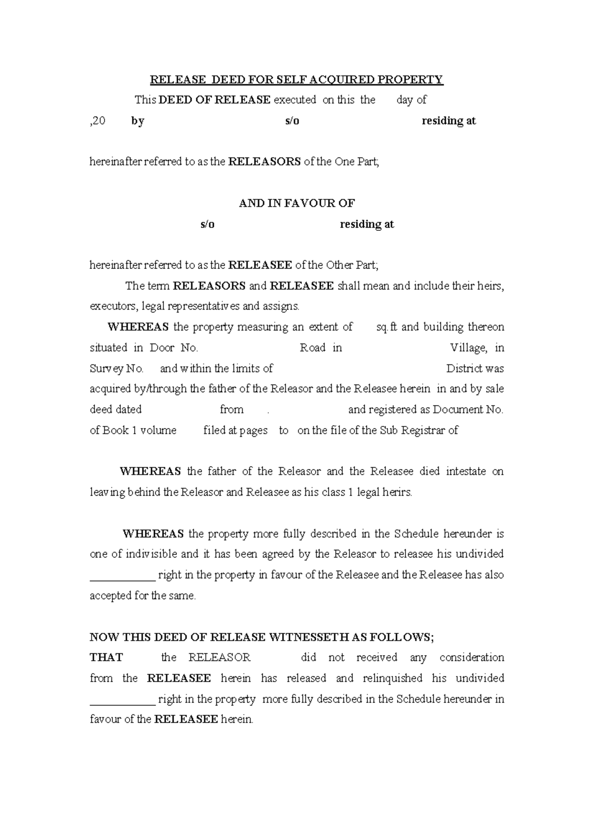 Release Deed Format - It helps make you write your DRafting Pleading ...