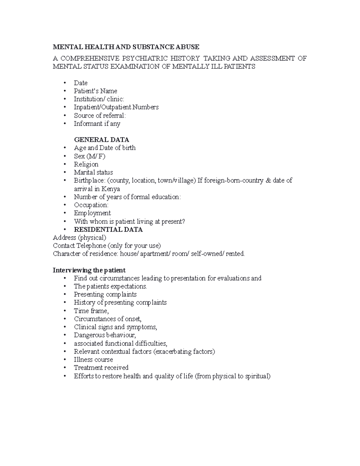 1. Psychiatric History - MENTAL HEALTH AND SUBSTANCE ABUSE A ...