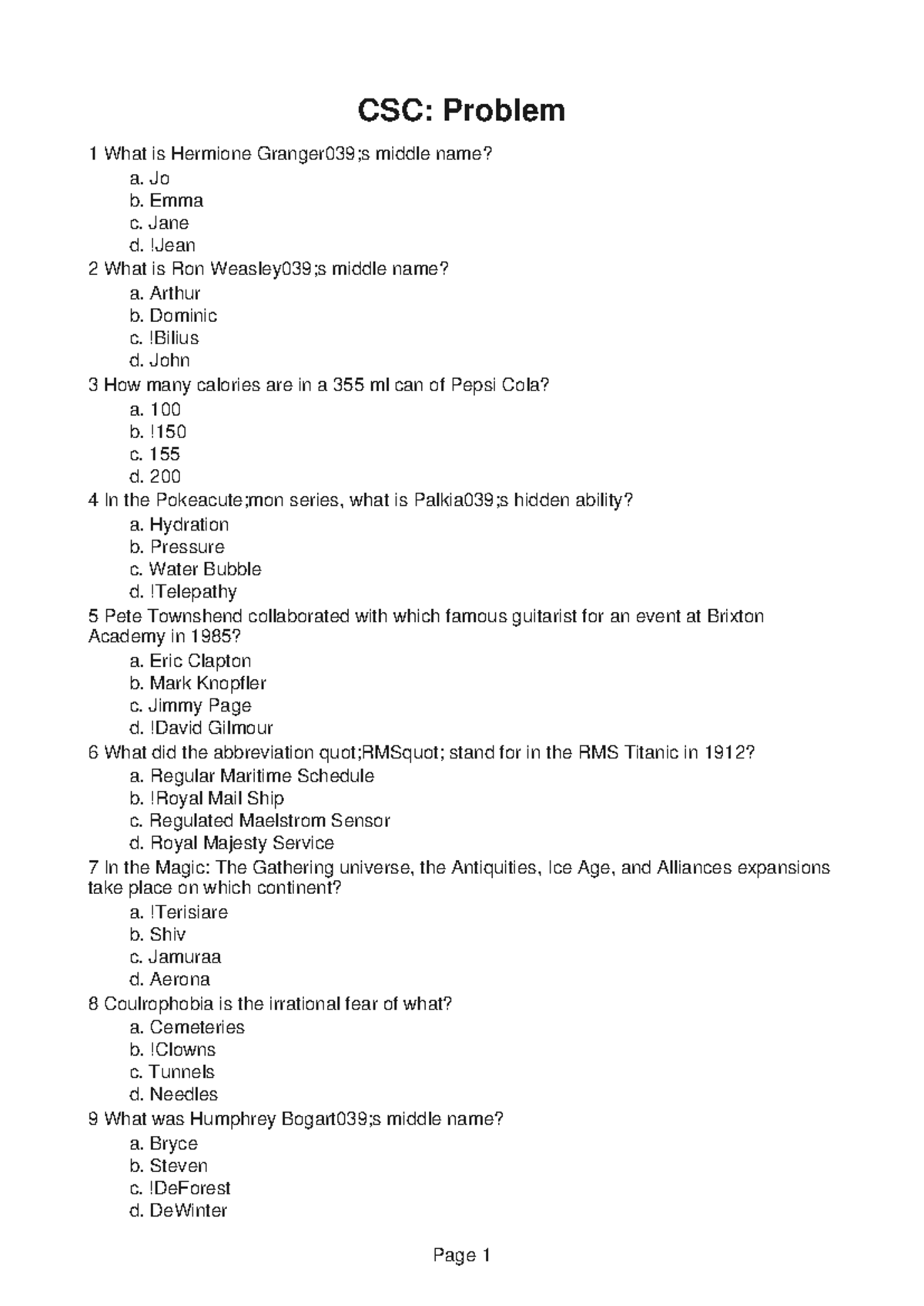 CSC330 Lecture Notes 9 - CSC: Problem 1 What is Hermione Granger039;s ...