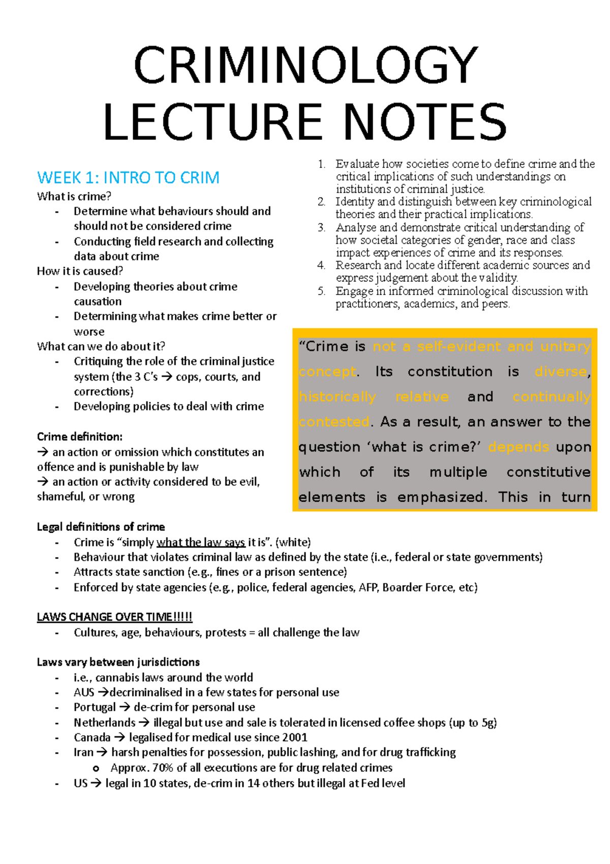 Criminology Lecture Notes Criminology Lecture Notes Week 1 Intro To