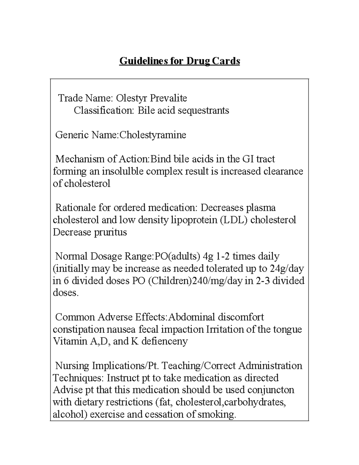 Cholestyramine Drug Cards Guidelines for Drug Cards Trade Name