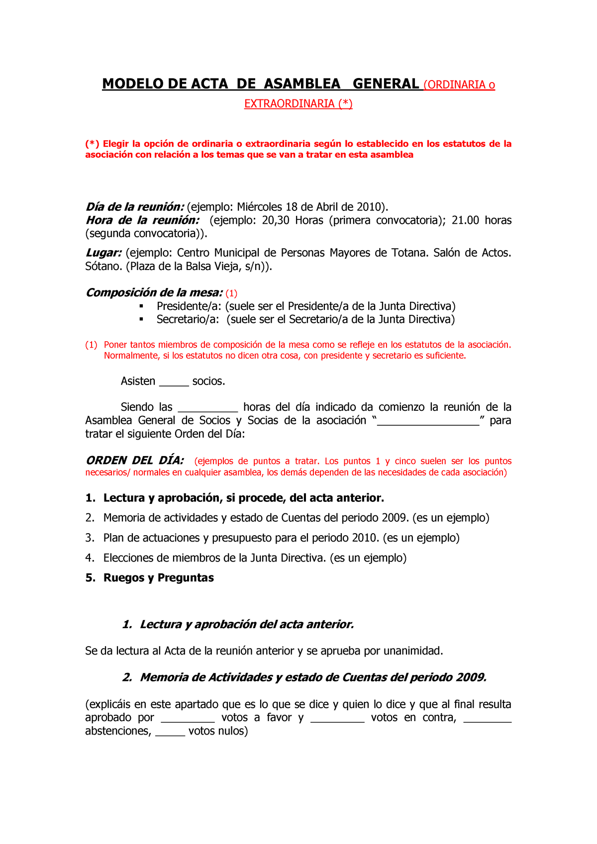 161025(Modelo de Acta de Asamblea) - MODELO DE ACTA DE ASAMBLEA GENERAL ( ORDINARIA o EXTRAORDINARIA - Studocu