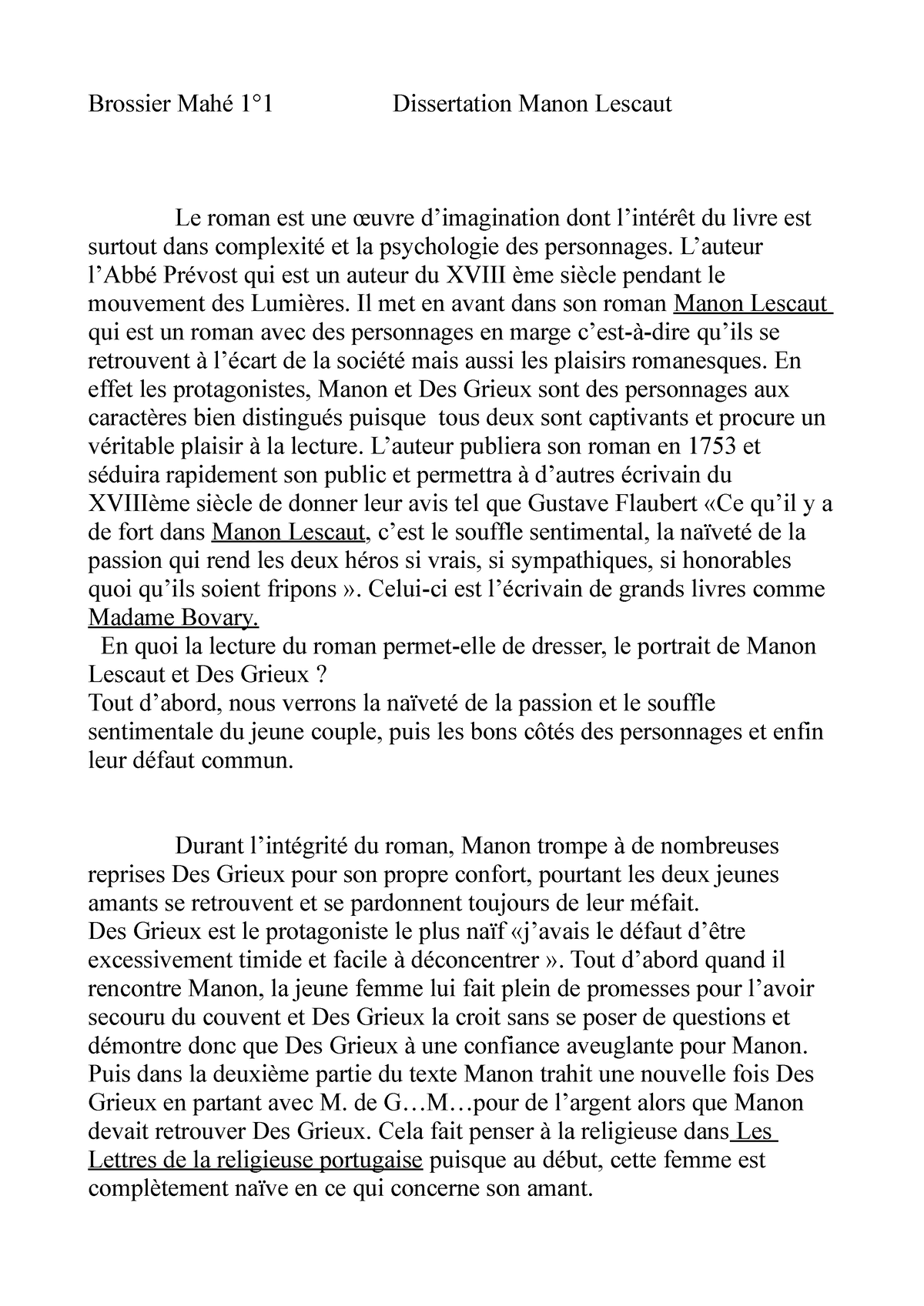 sujet de dissertation manon lescaut