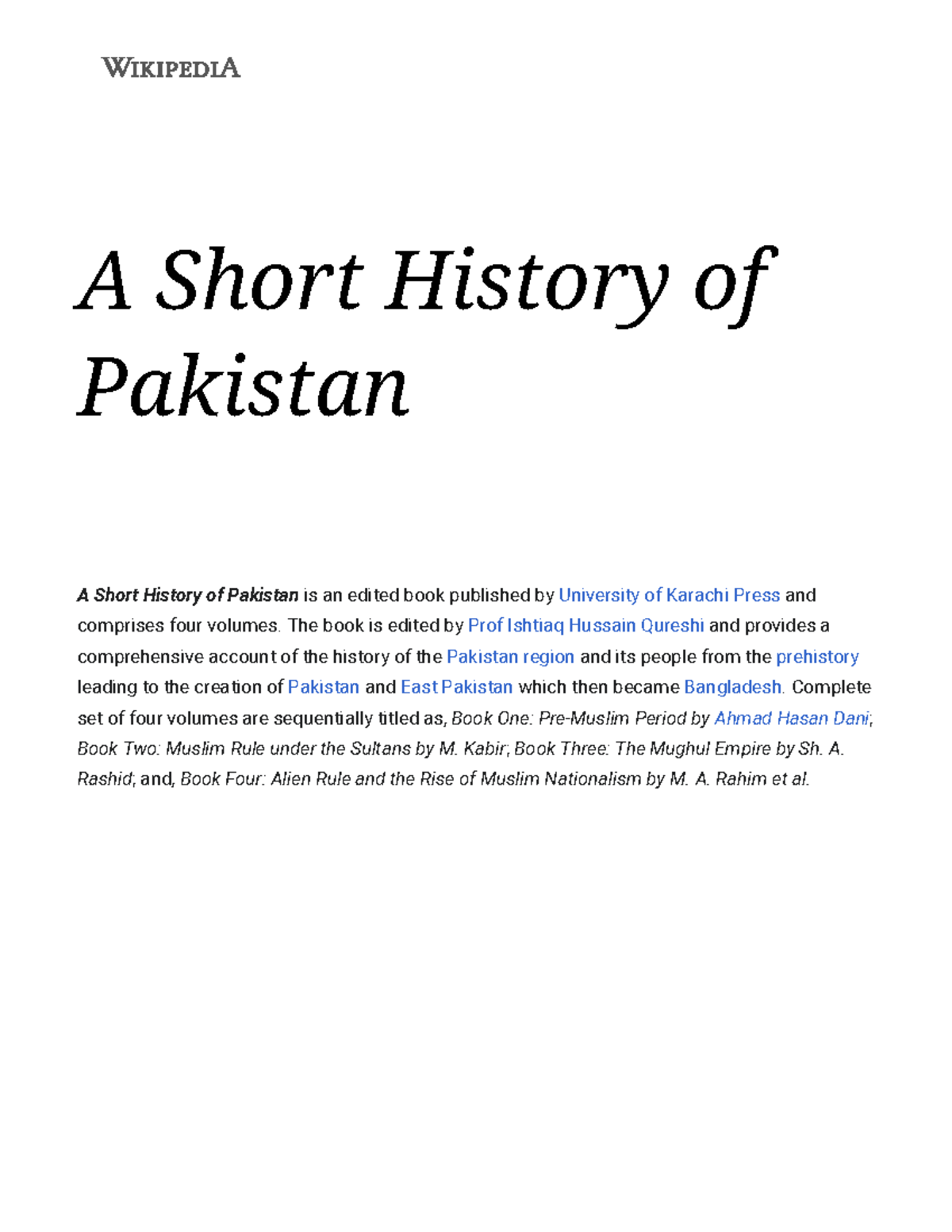 A Short History of Pakistan Wikipedia A Short History of Pakistan A