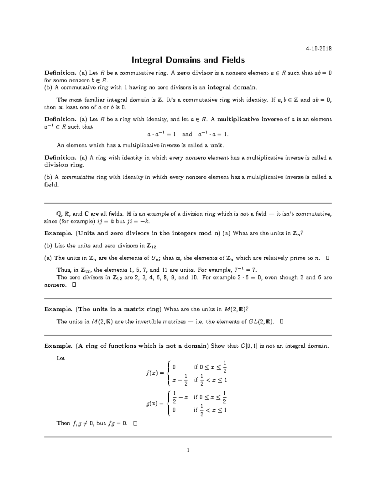 Integral domains and fields - 4-10- Integral Domains and Fields ...