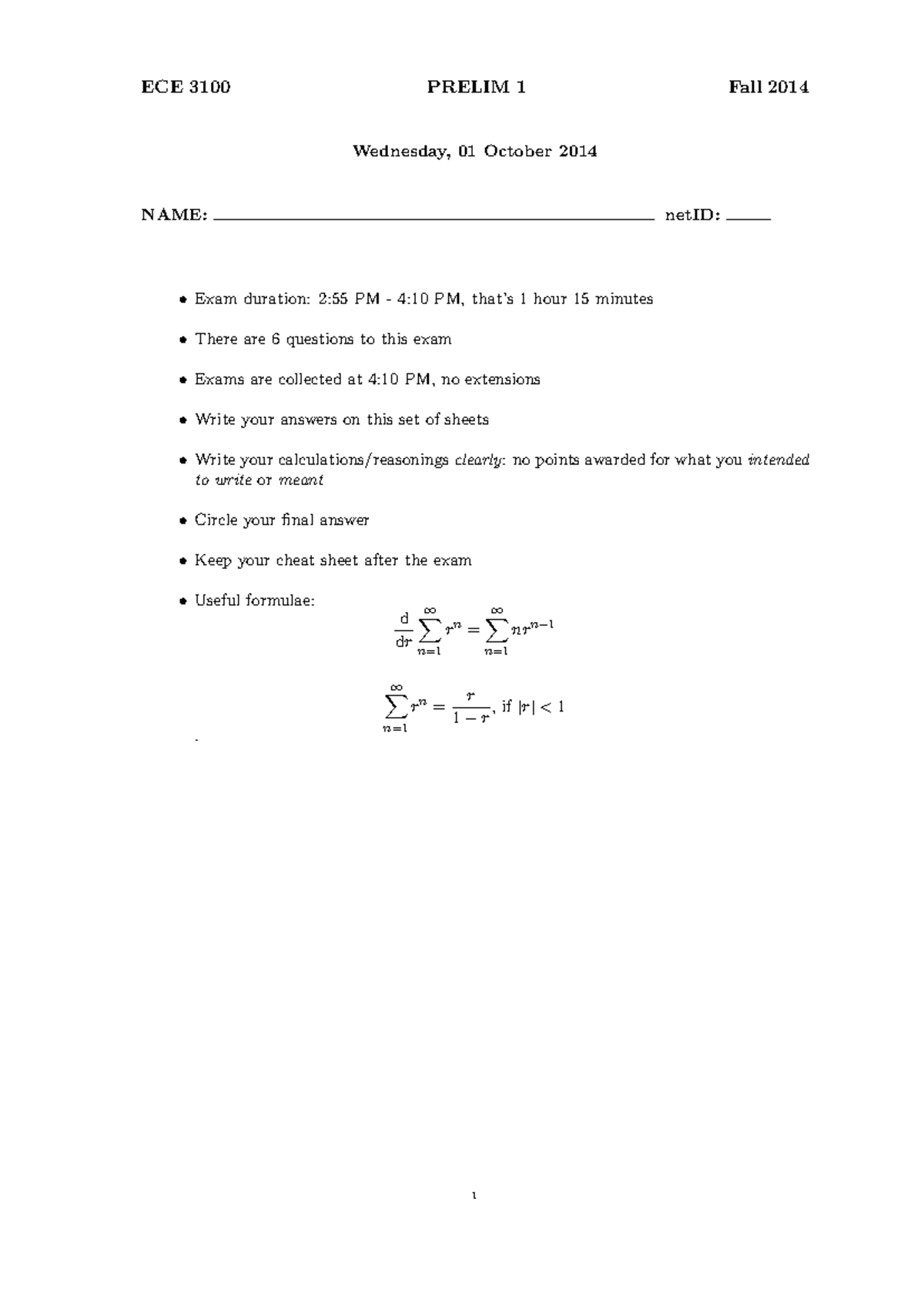 Prelim 1 2014 sol - Exam solution - ECE 3100 PRELIM 1 Fall 2014 ...