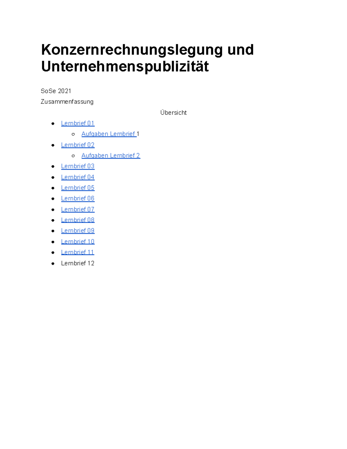 KRUP Zusammenfassung - Konzernrechnungslegung Und Zusammenfassung SoSe ...