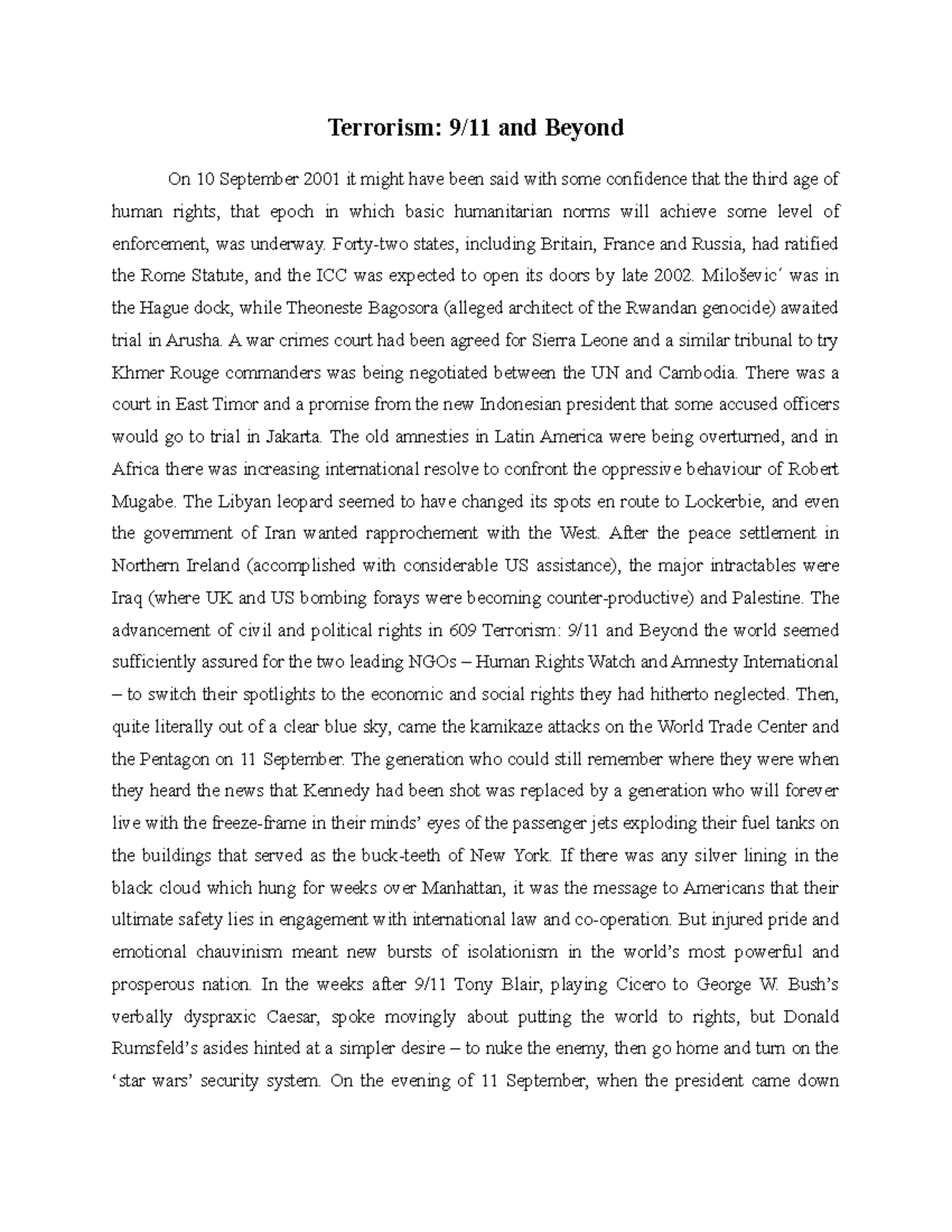 Terrorism 9-11 and Beyond - Terrorism: 9/11 and Beyond On 10 September ...