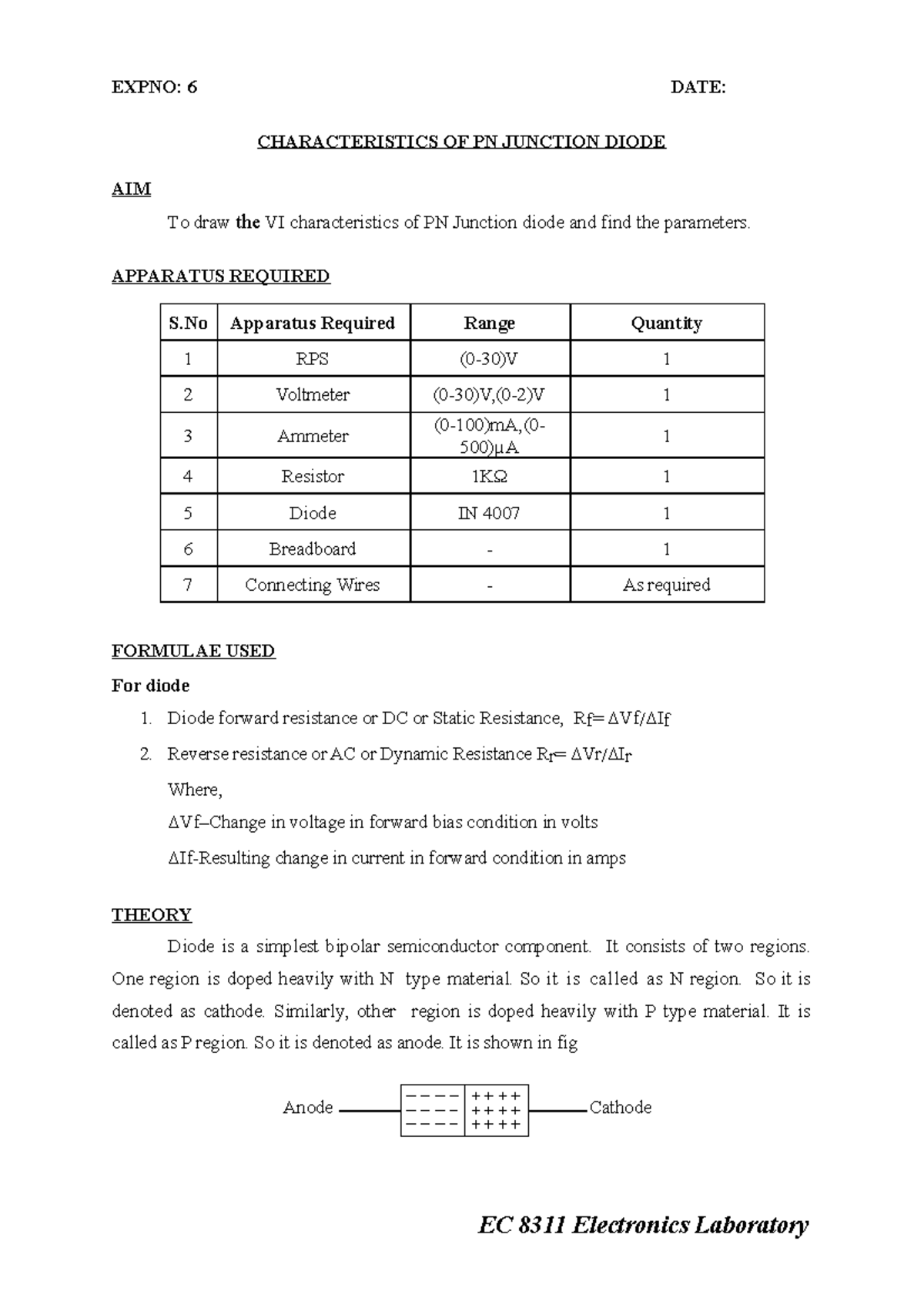 BE3271 Beeie lab manual EXPNO 6 DATE CHARAC TE R I S T I CS OF P N