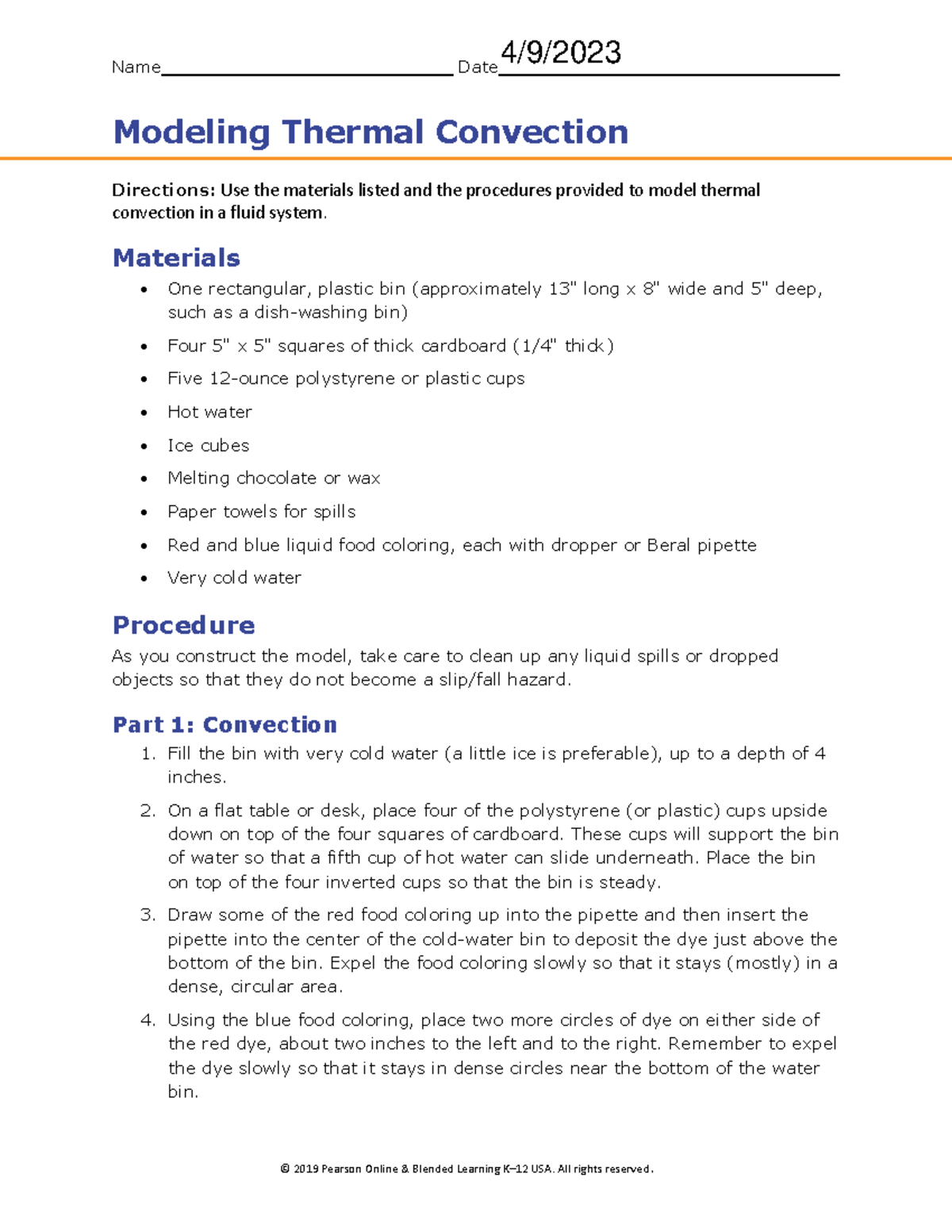 OBL ESCI Thermal Convection LO4 LAB Worksheet A ext Name Date