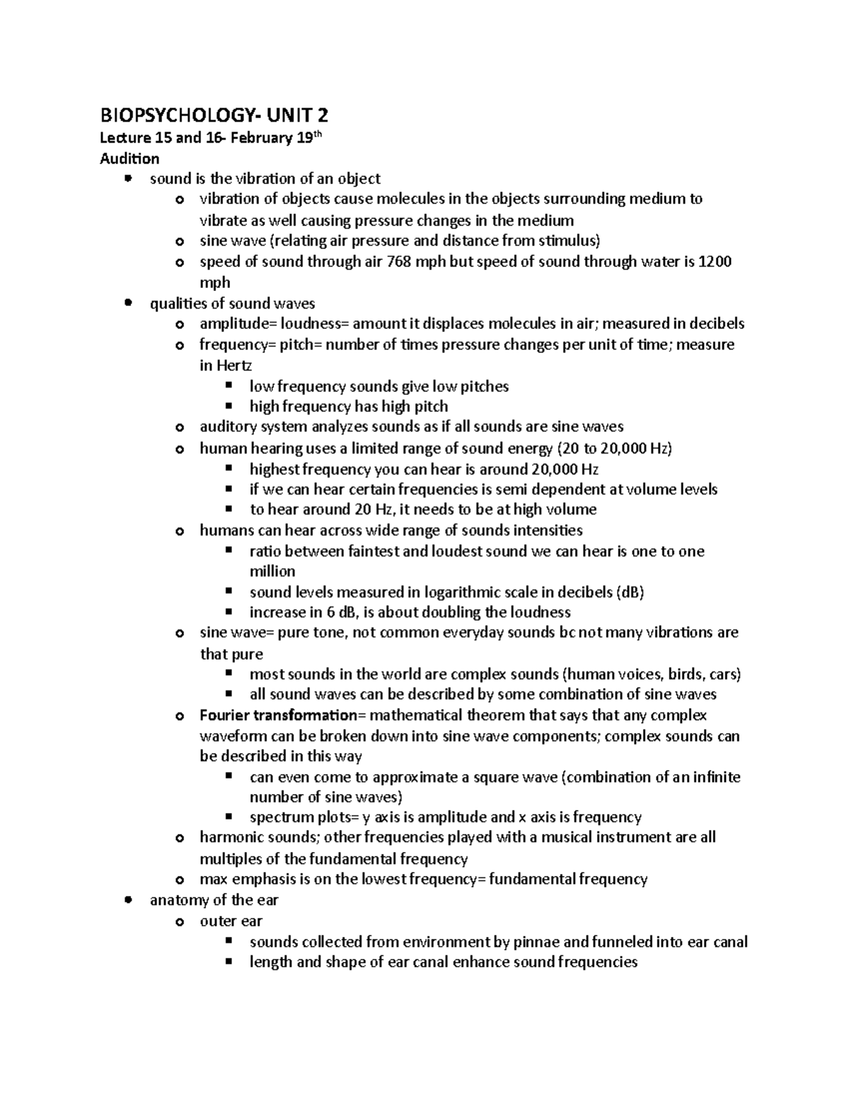 Biopsychology BIOL 4020 Unit 2 Lectures 15 16 Audition UNIT 2