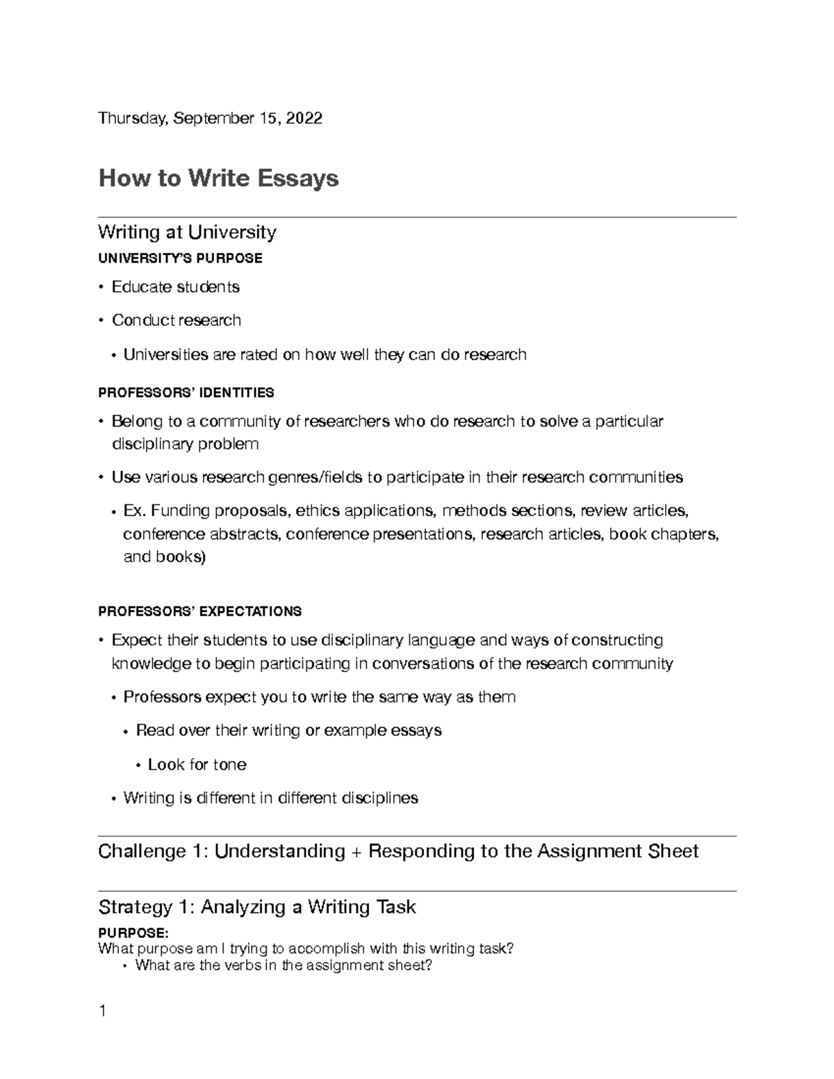 CGSC 1001- How to Write Essays - Thursday, September 15, 2022 How to ...