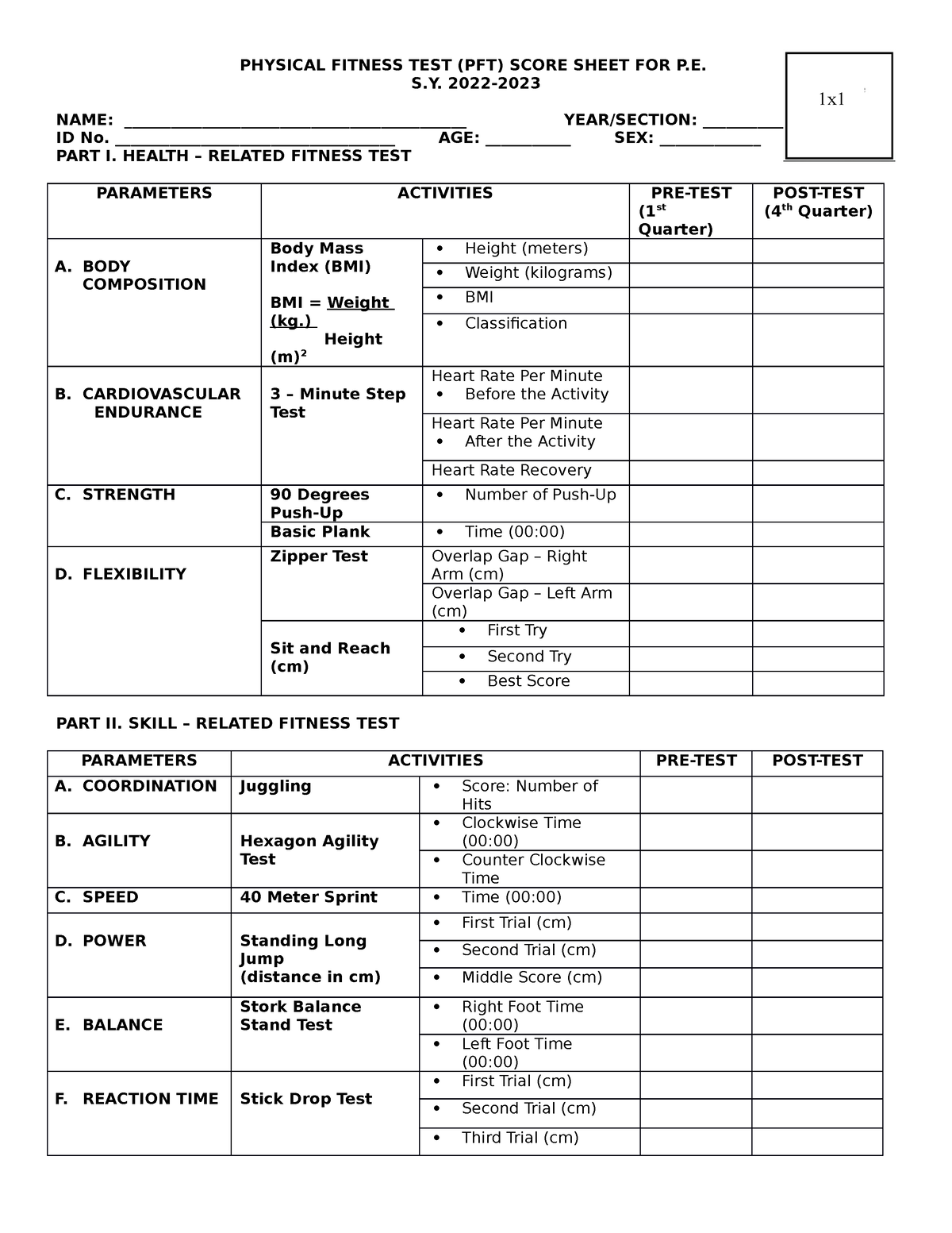 Physical Fitness TEST PFT Score Sheet FO PHYSICAL FITNESS TEST PFT