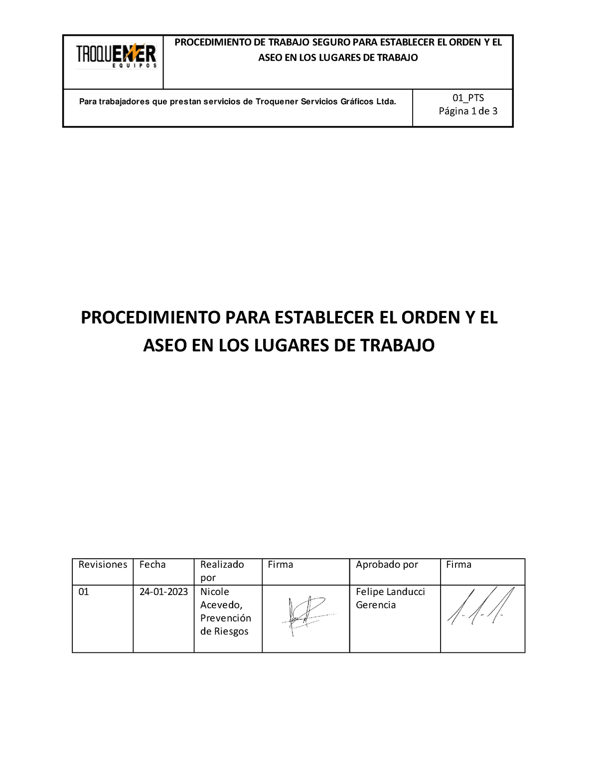 01 PTS Orden Y ASEO - PROCEDIMIENTO DE TRABAJO SEGURO PARA ESTABLECER ...