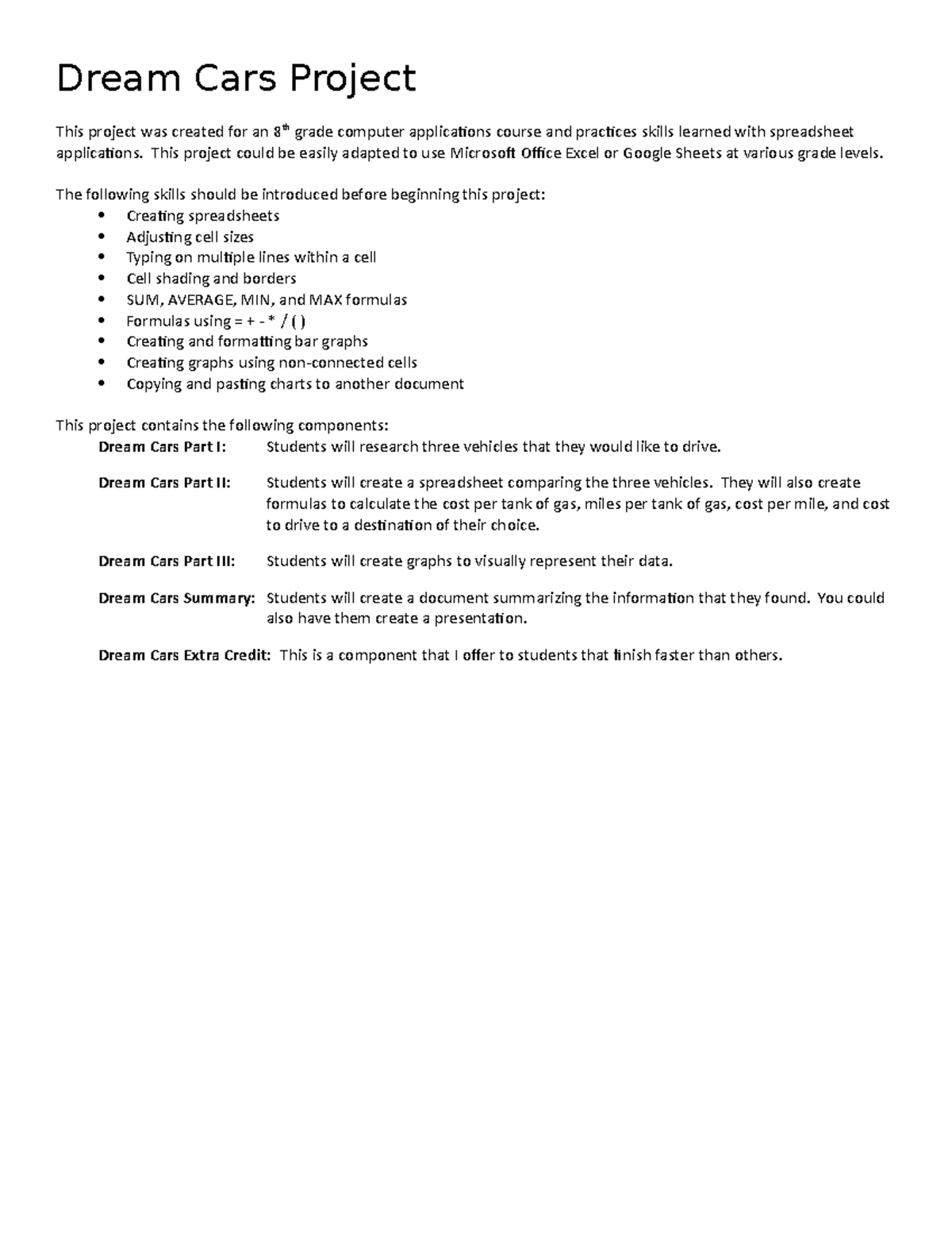 Dream Cars Project Spreadsheet Applications Project 2022 2021 Dream Cars Project This