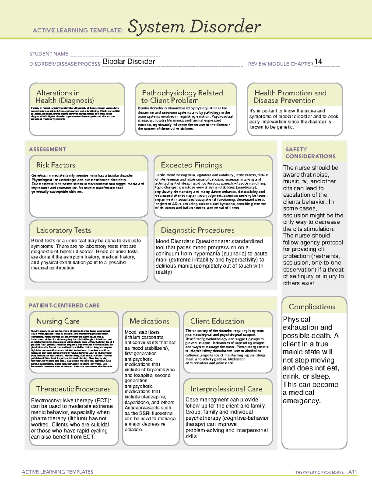 Bipolar Disorder ATI ACTIVE LEARNING TEMPLATES TherapeuTic procedure