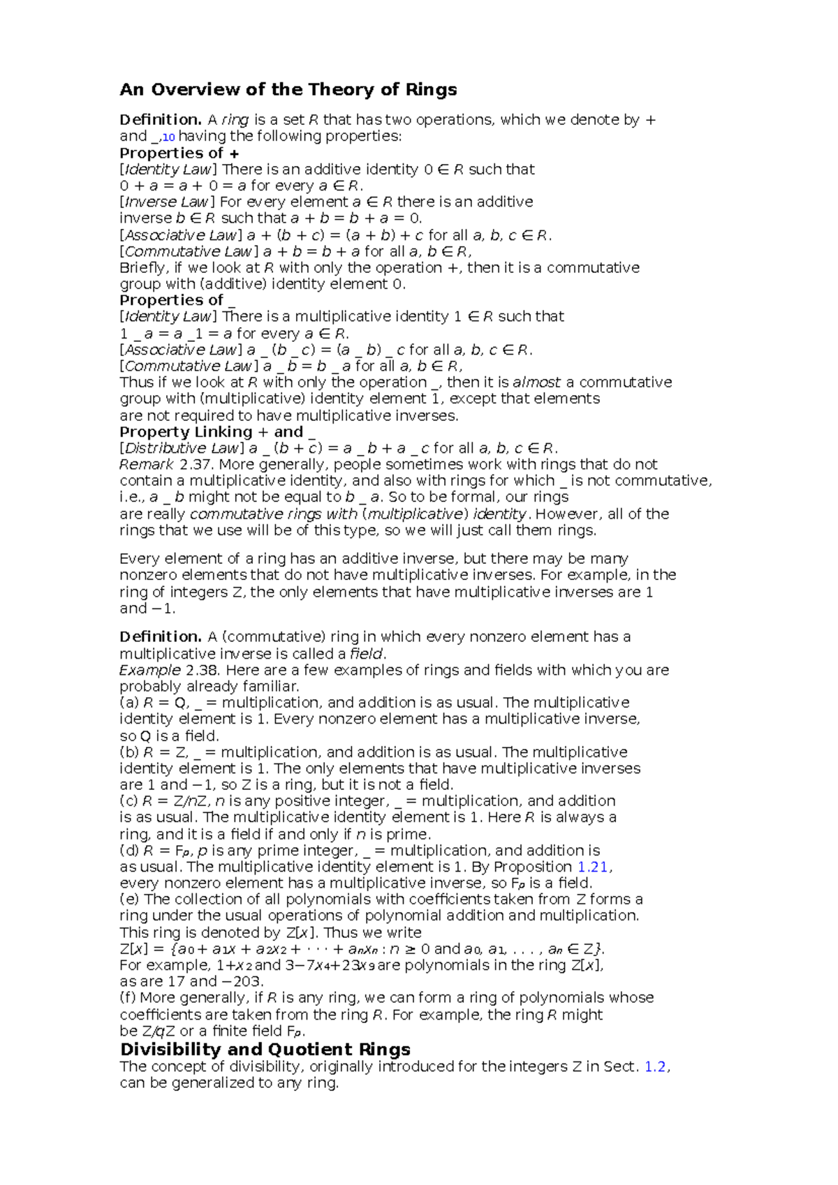 An Overview of the Theory of Rings An Overview of the Theory of Rings