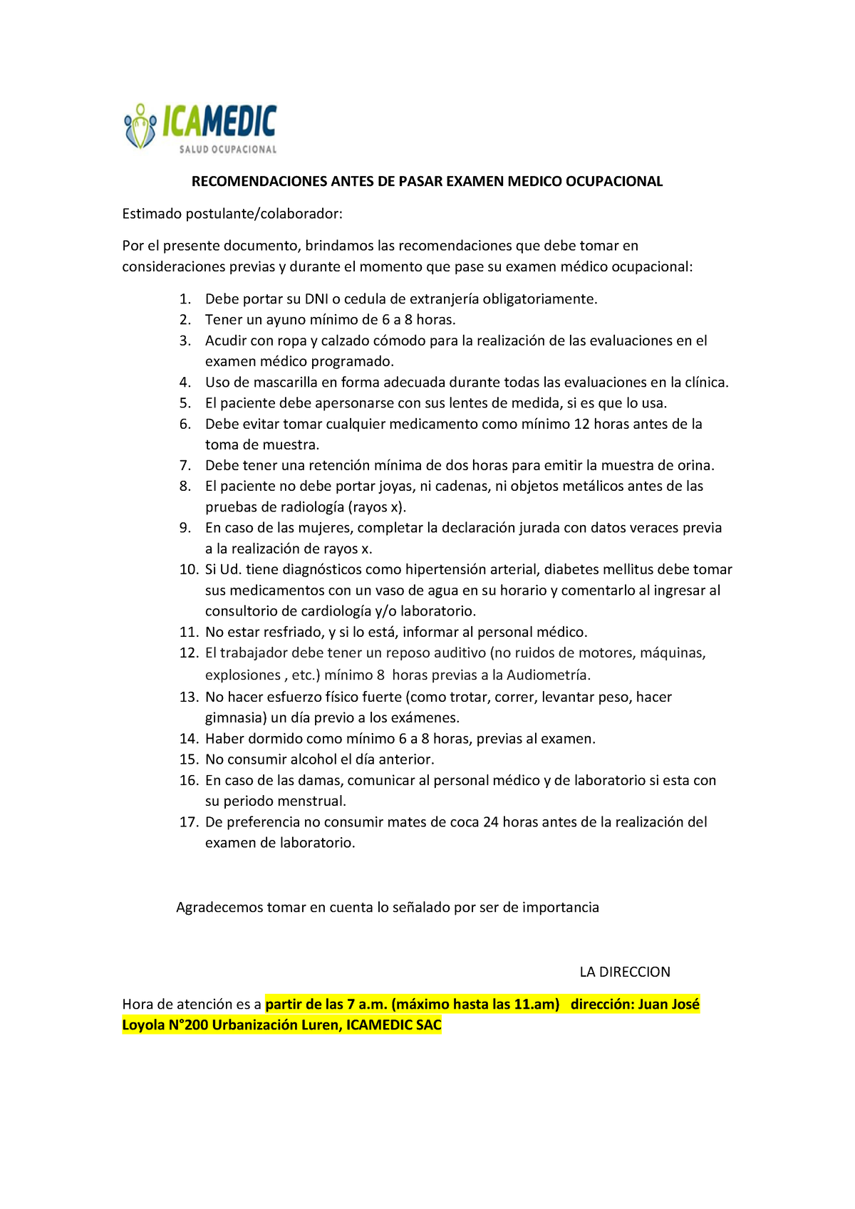 Recomendaciones Antes De Pasar Examen Medico Ocupacional Recomendaciones Antes De Pasar Examen 1923