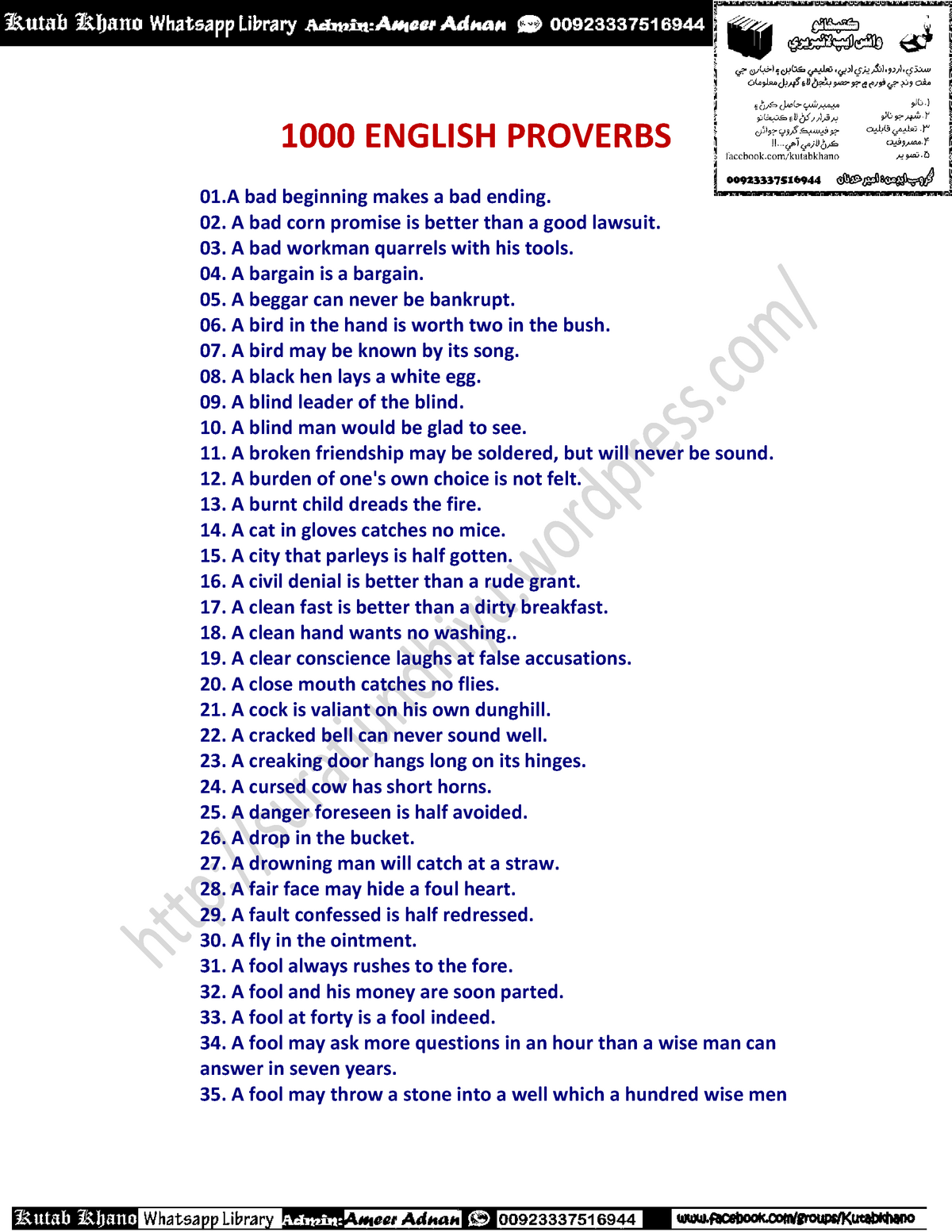 1K English Proverbs - MS WINER HAWFIN - 1000 ENGLISH PROVERBS 01 Bad ...