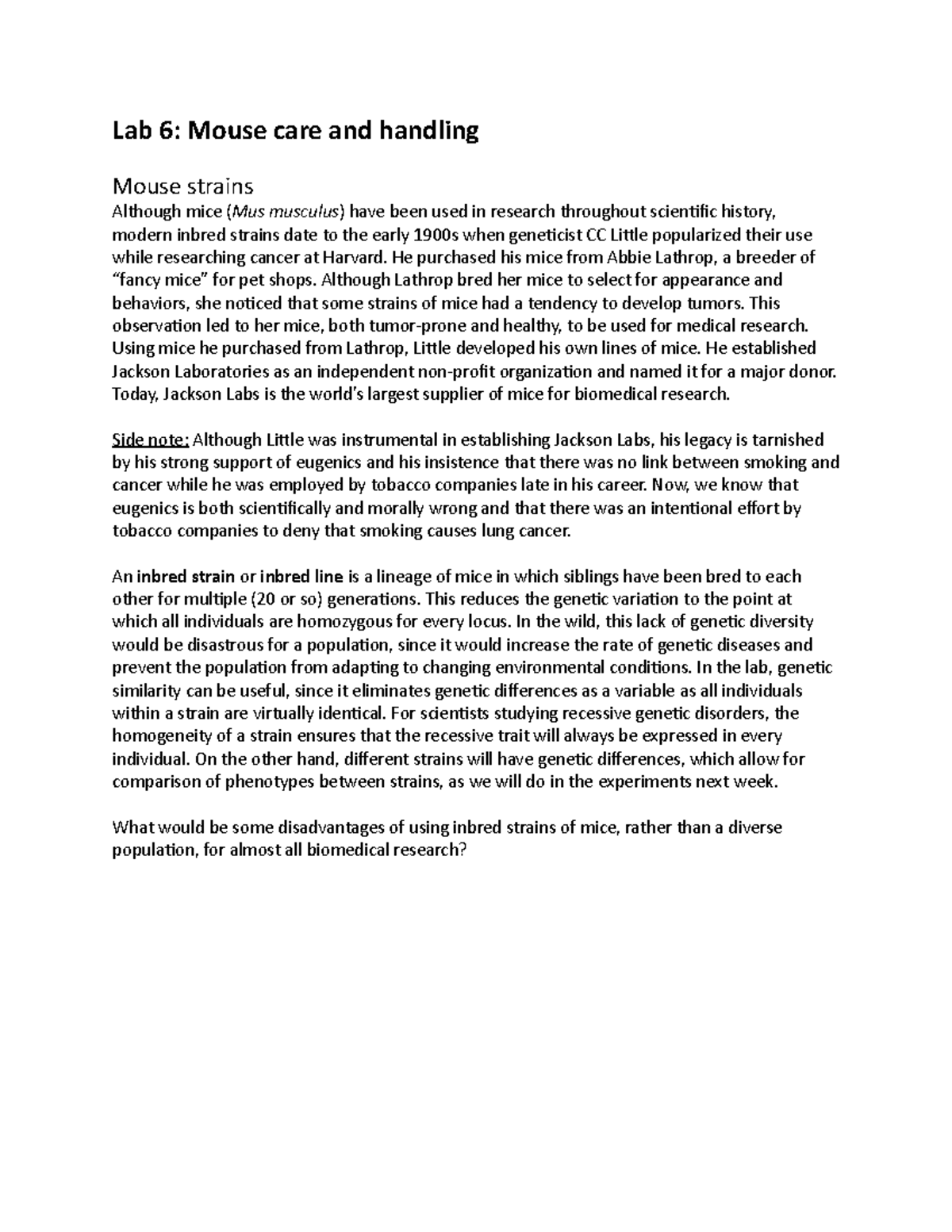 Lab 6 mouse care and handling - Lab 6: Mouse care and handling Mouse ...
