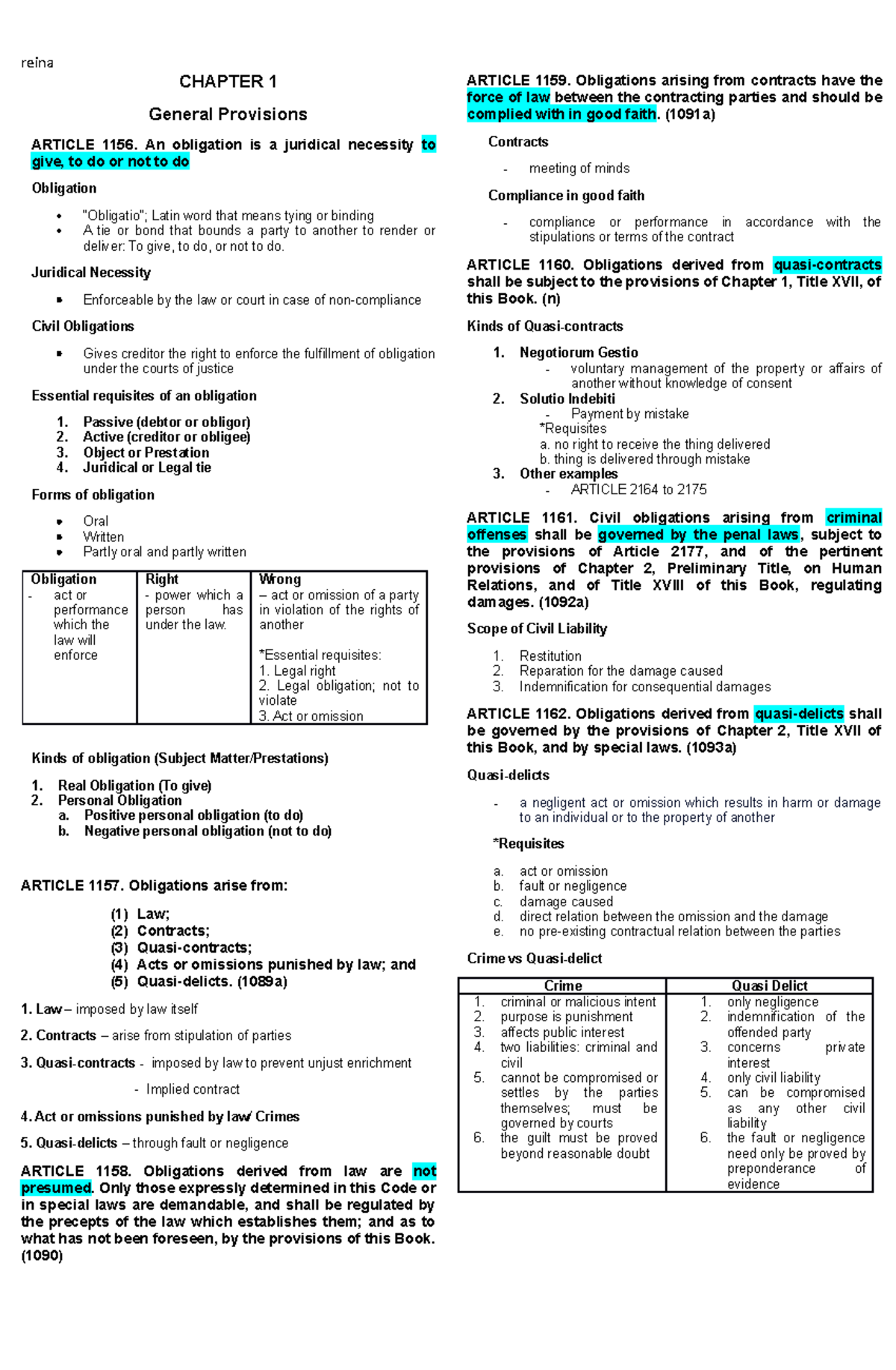 Oblicon Notes - CHAPTER 1 General Provisions ARTICLE 1156. An ...