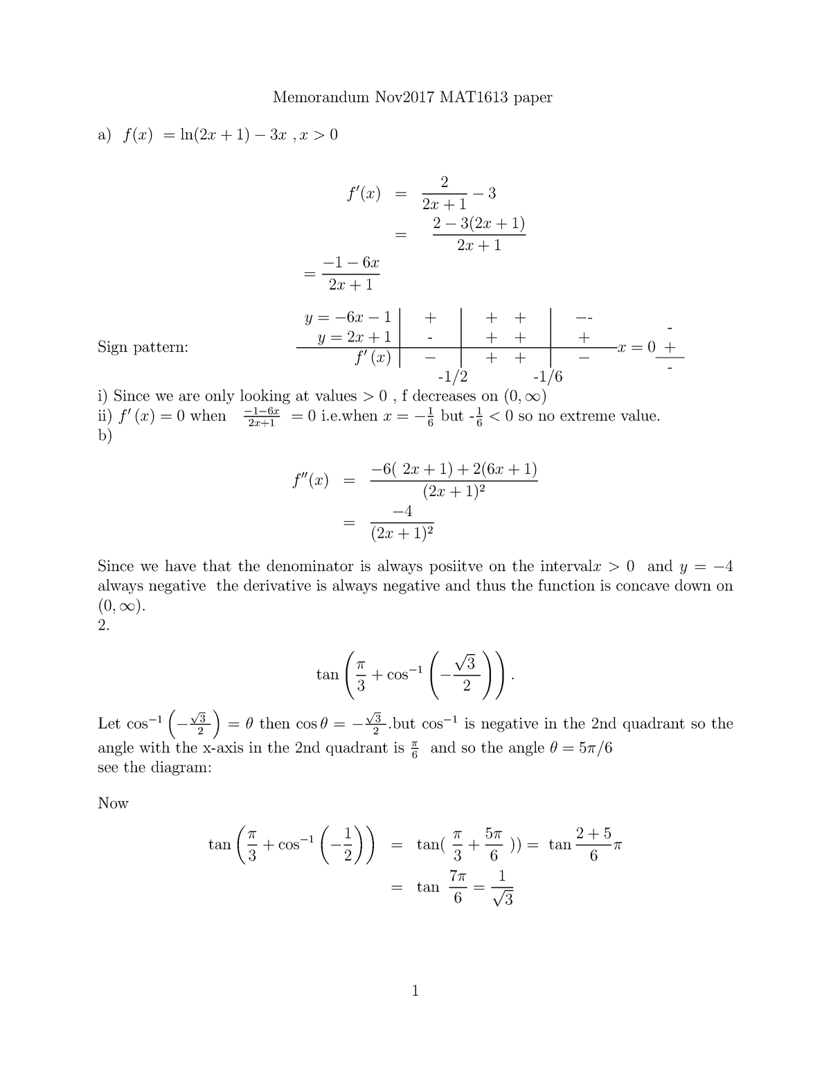 MAT1613 Memo Nov2017 - Memorandum Nov2017 MAT1613 Paper A) F (x) = Ln ...