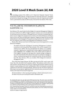 2020 Mock Exam A - PM - CFA Level 2 mock - 1 2020 Level II Mock Exam (A ...
