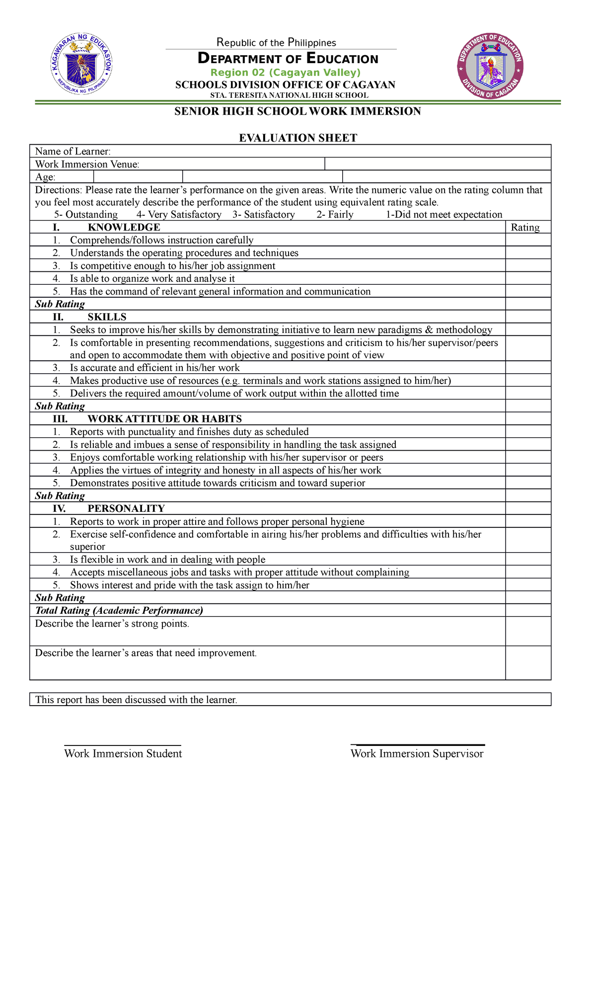 Evaluation FORM WI This Is Used To Evaluate Work Immersion Republic 