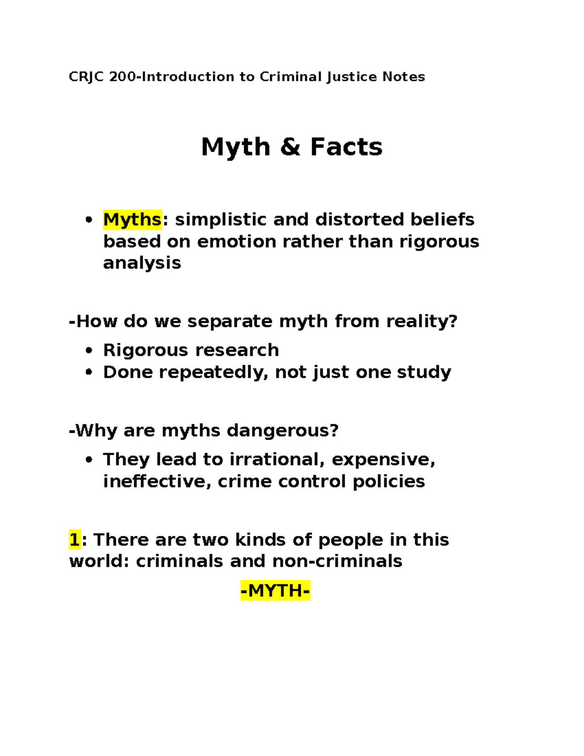 Myth and Facts Notes - CRJC 200-Introduction to Criminal Justice Notes ...
