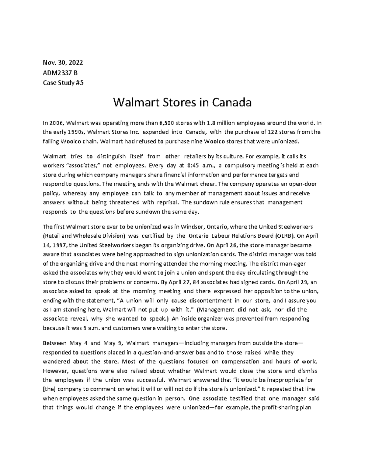 Case Study5Walmart Stores In Canada Nov. 30, 2022 ADM2337 B Case