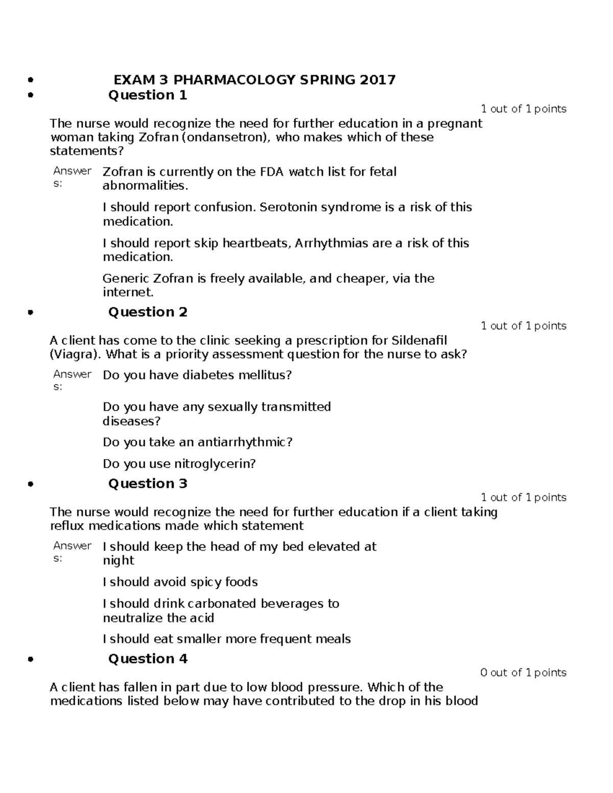 Pharm 3 EXAM Study Guide - EXAM 3 PHARMACOLOGY SPRING 2017 Question 1 1 ...