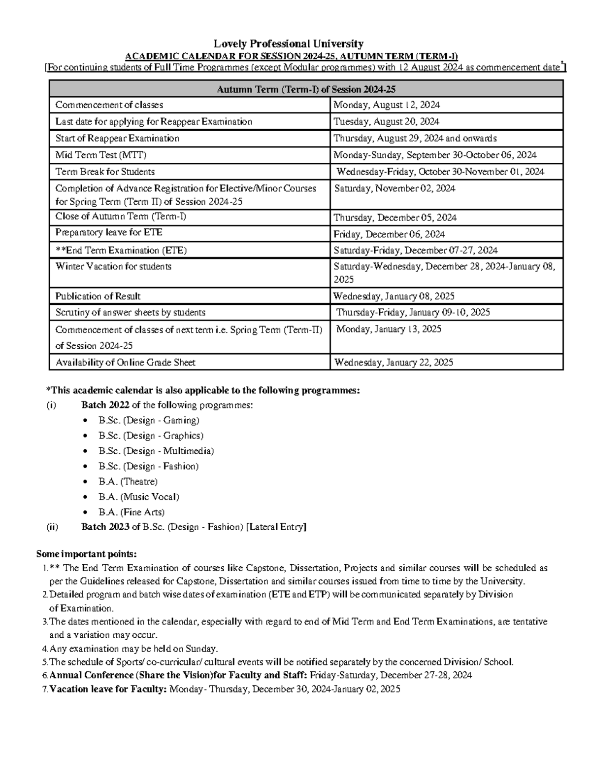 Academic Calendar for Full Time Programmes with 12 August 2024 as
