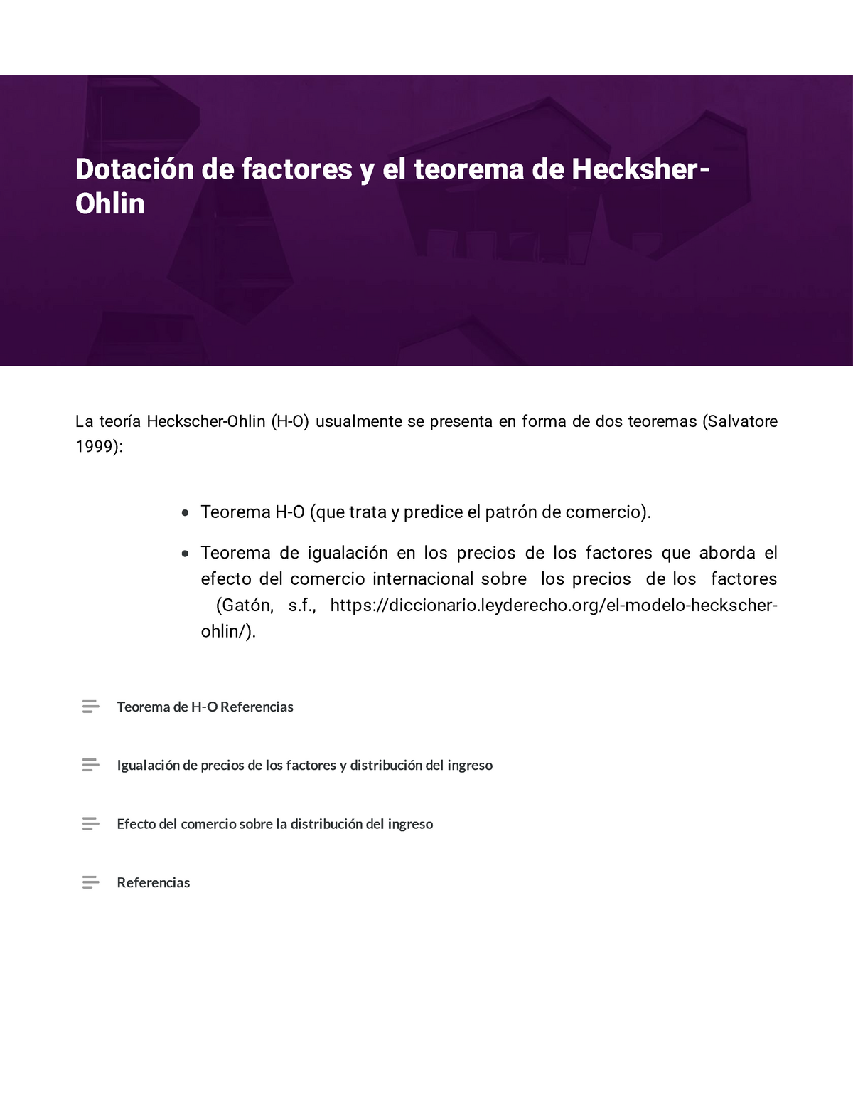 Dotación de Factores - La teoría Heckscher-Ohlin (H-O) usualmente se  presenta en forma de dos - Studocu