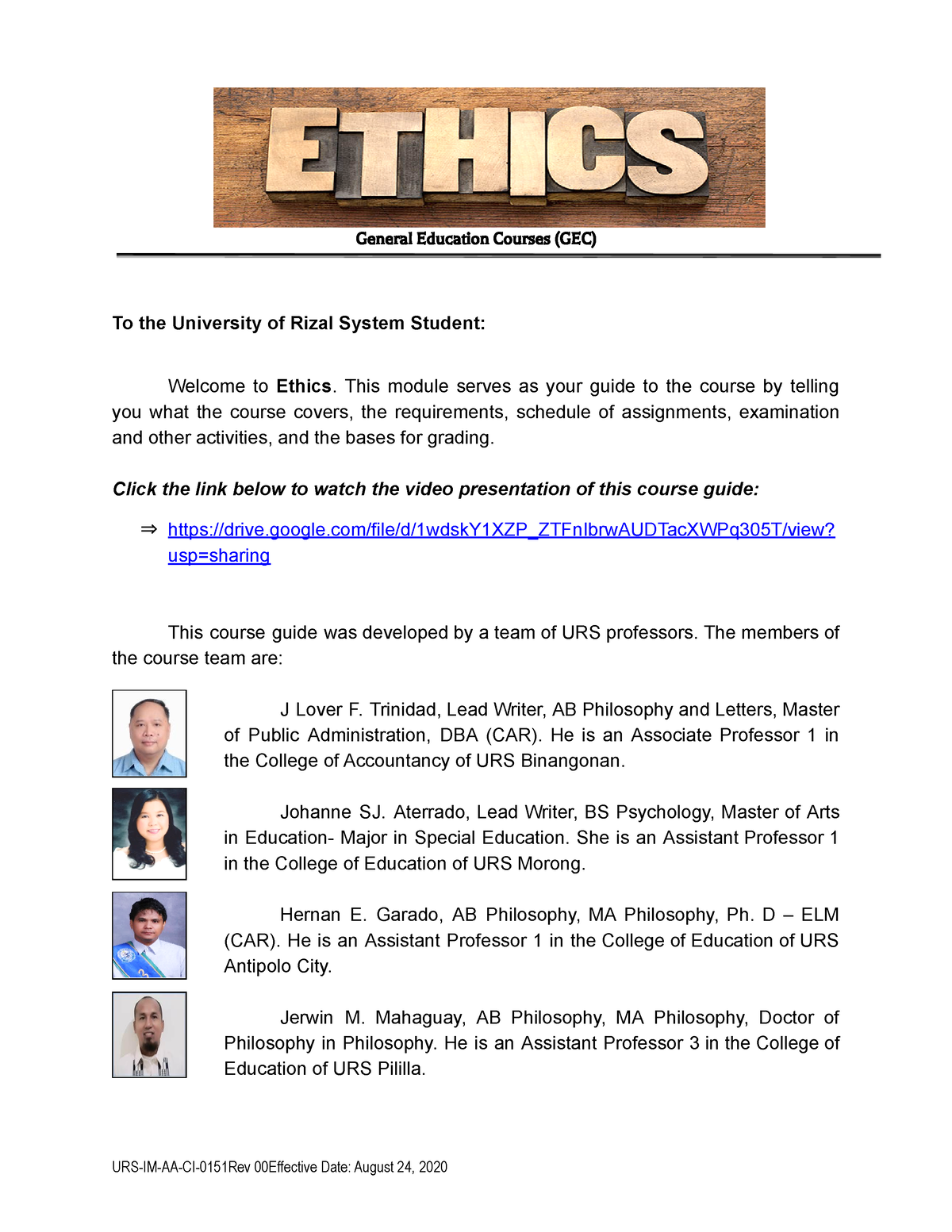 Ethics Module 1 To 8 - Notes - General Education Courses (GEC) To The ...