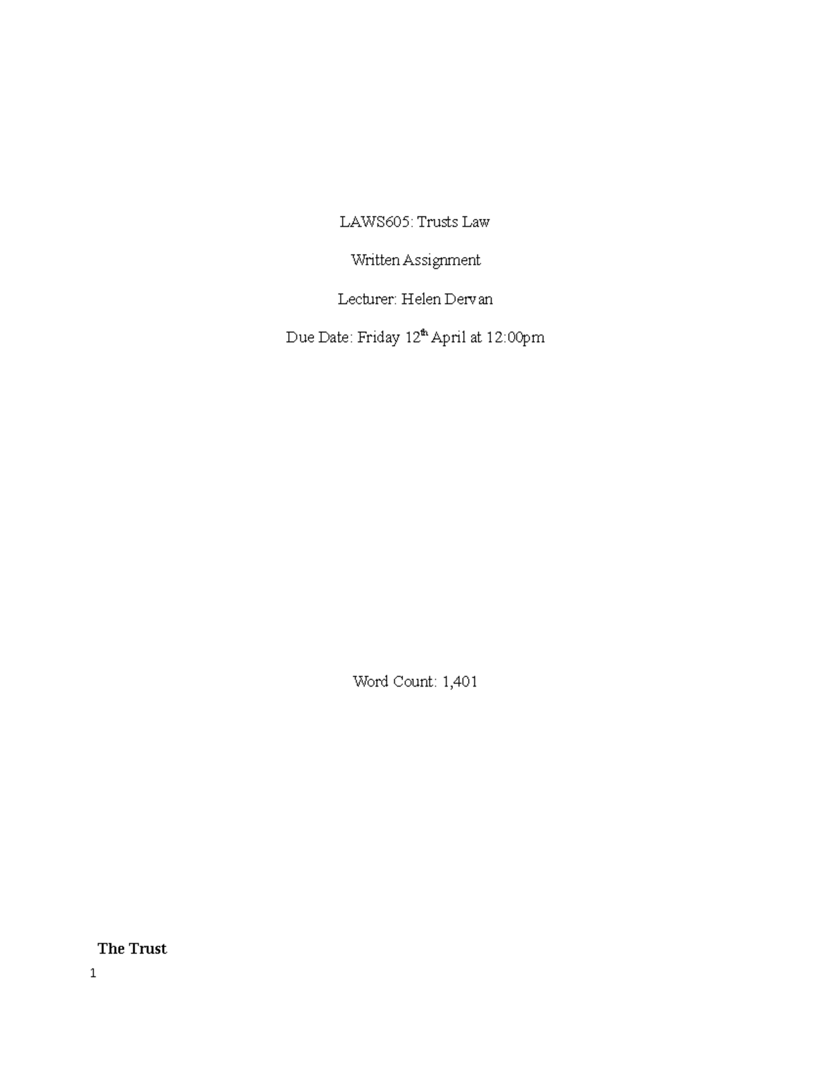 Trusts Assignment 2019 Final - LAWS605: Trusts Law Written Assignment ...