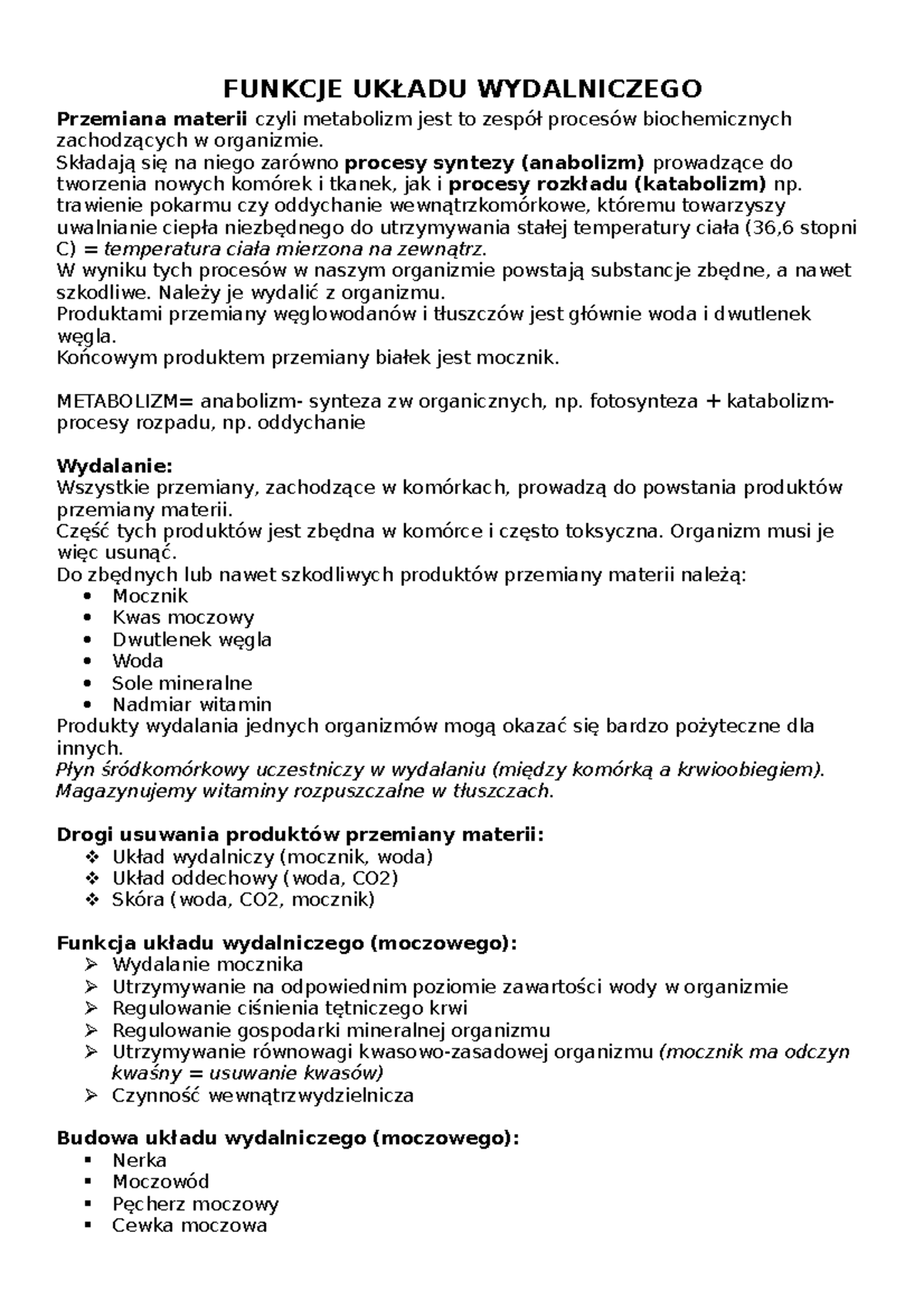 Funkcje układu wydalniczego- fizjologia - FUNKCJE UKŁADU WYDALNICZEGO