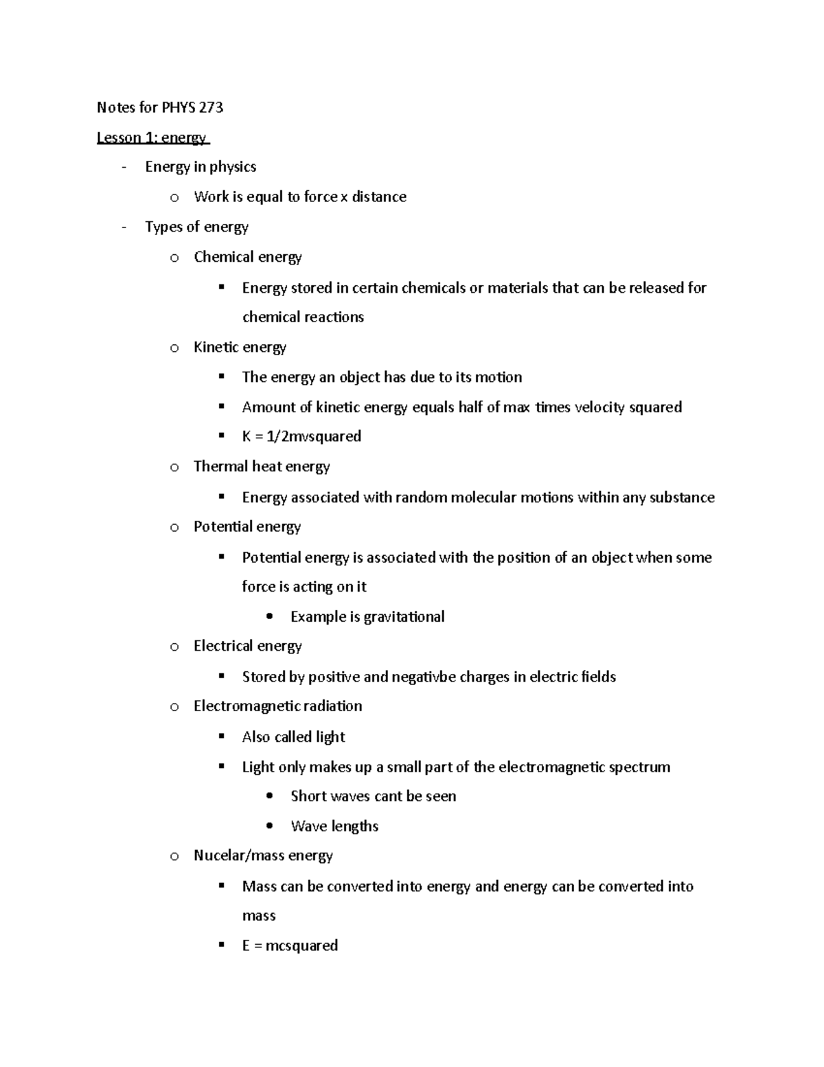 Notes For PHYS 273- Lesson 1 To 6 - Notes For PHYS 273 Lesson 1: Energy ...