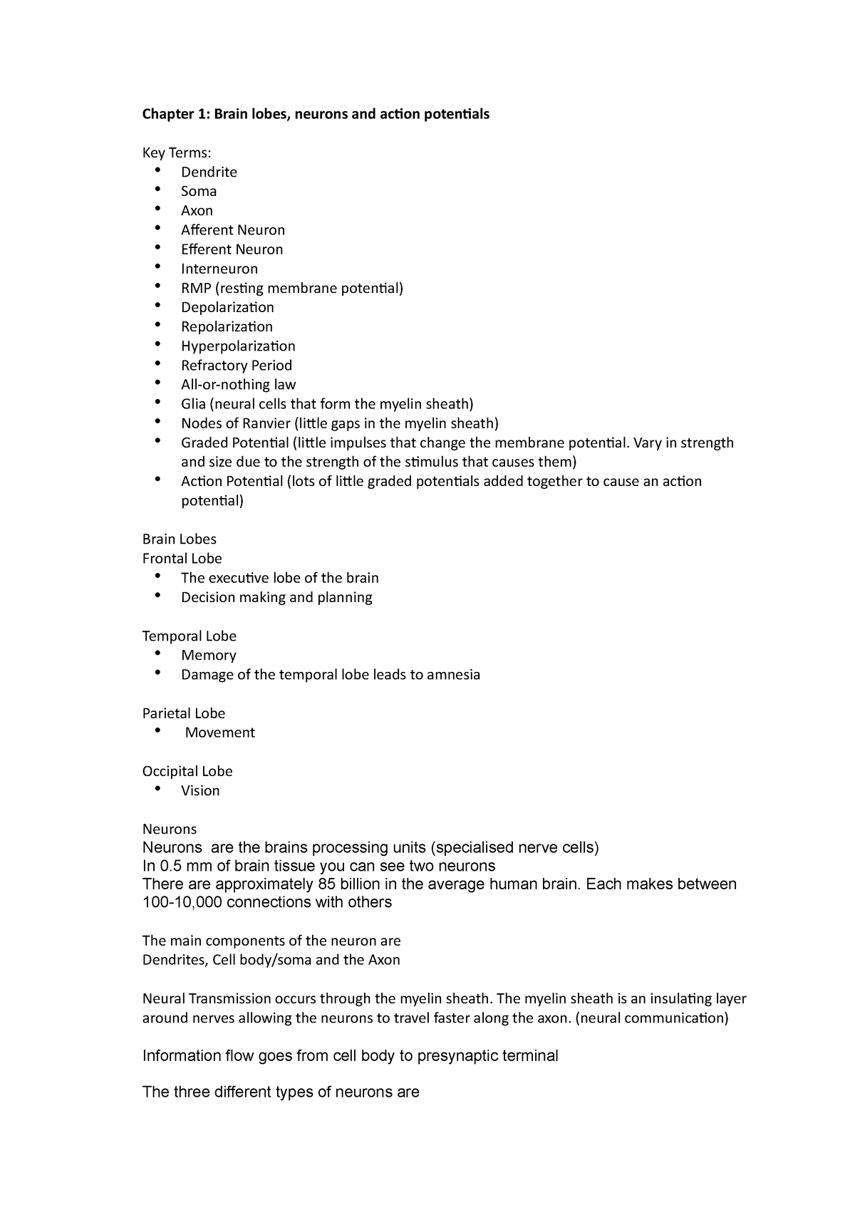 Psyc111 Exam Notes Chapter 1 Brain Lobes Neurons And Action Potentials Key Terms Dendrite 7414