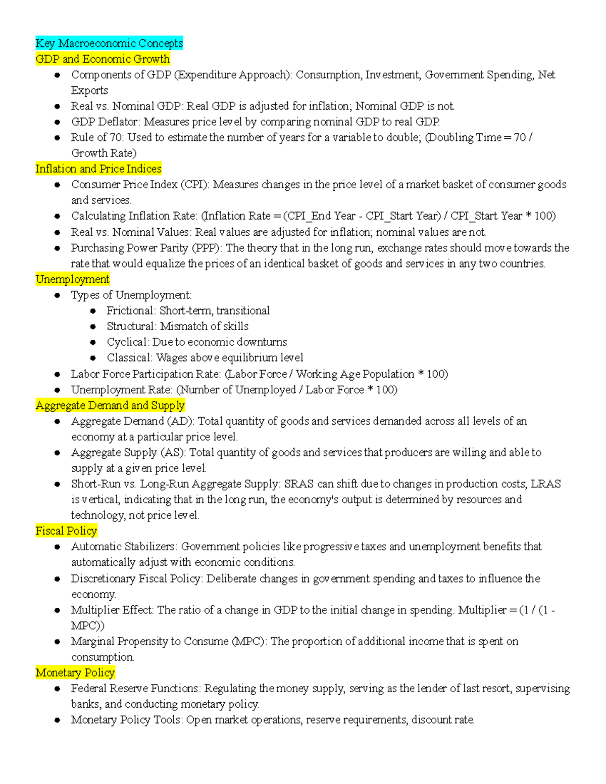 Macro Cheat sheet 1 - Key Macroeconomic Concepts GDP and Economic ...