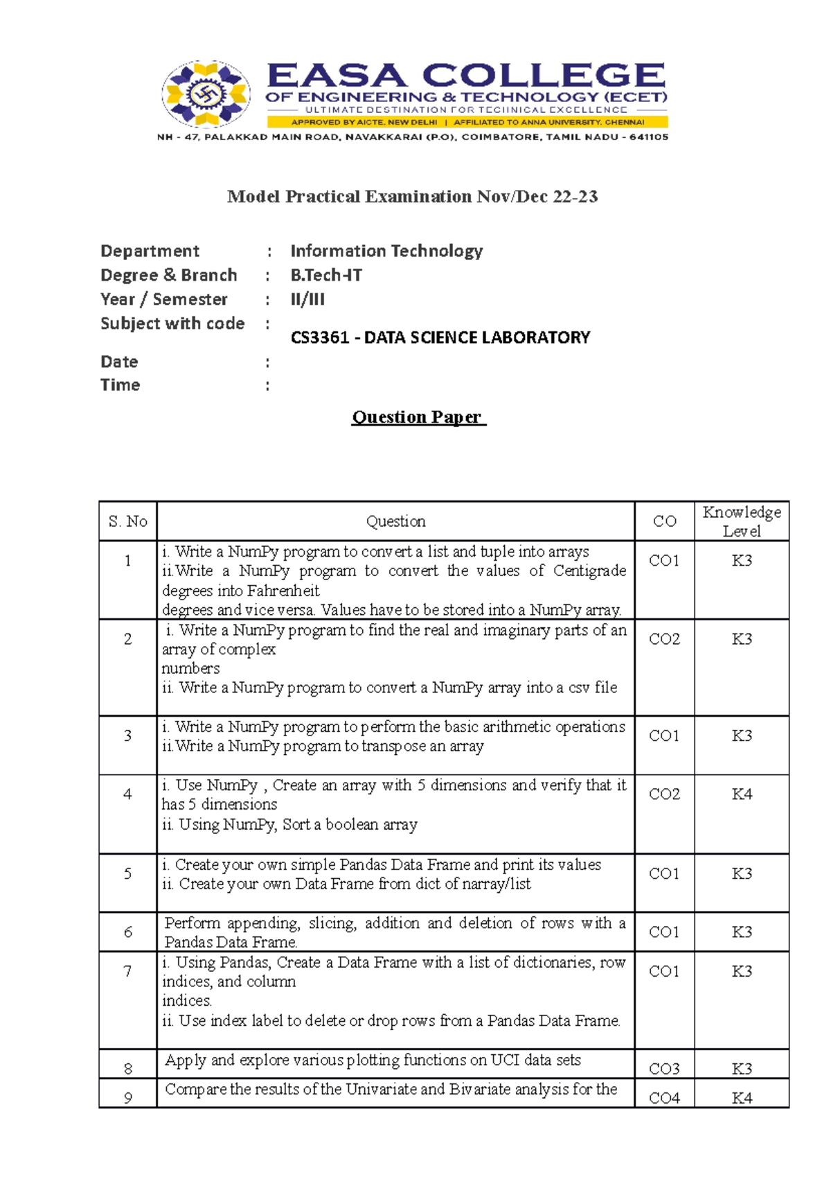 CS3361 DATA Science Model Practical Exam(21Regulation) Model