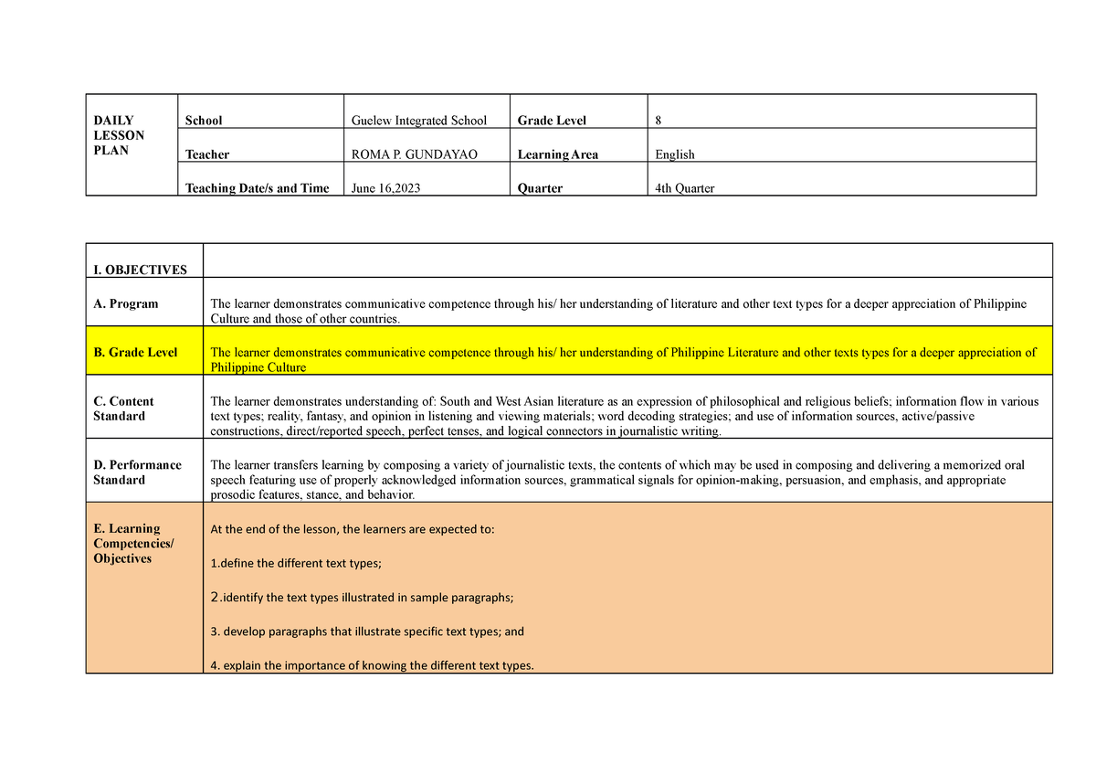 COT2-Lesson-Plan - Different Text Types - BSED English - PangSU - Studocu