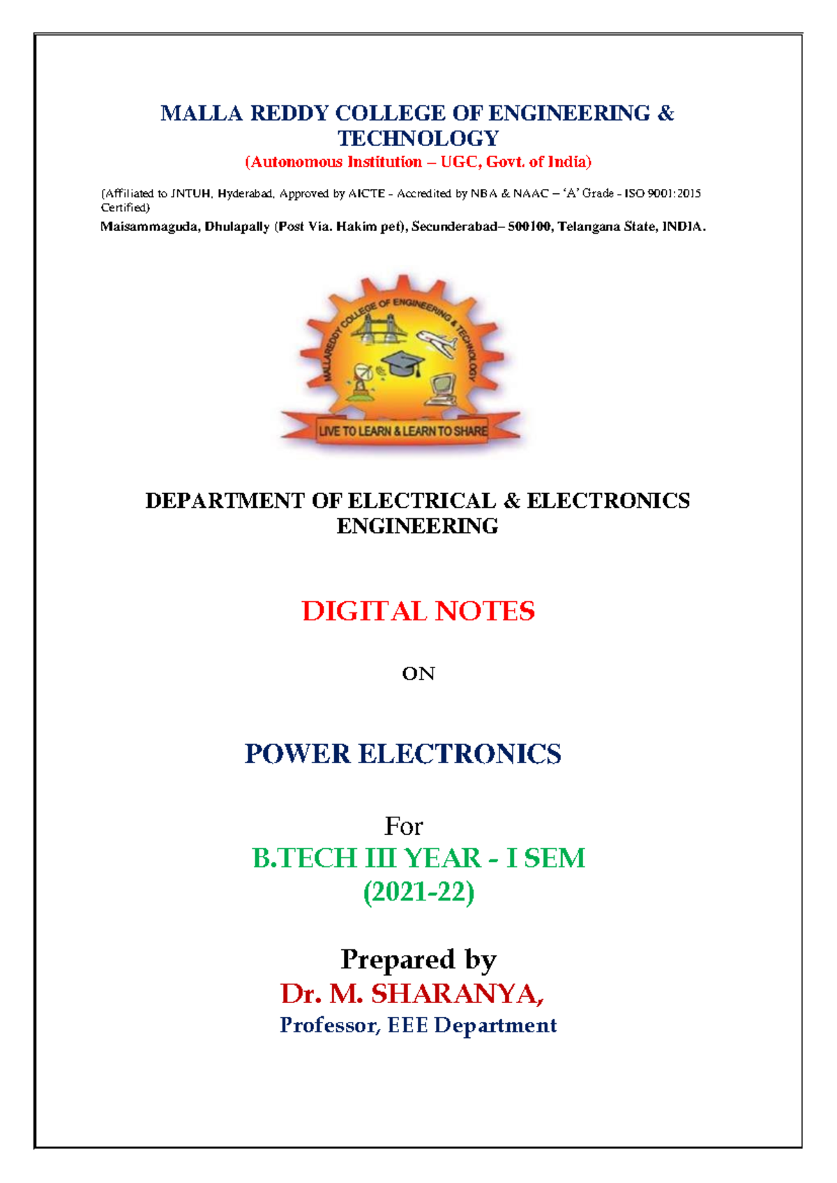 Power Electronics - it is a lecture note - MALLA REDDY COLLEGE OF ...