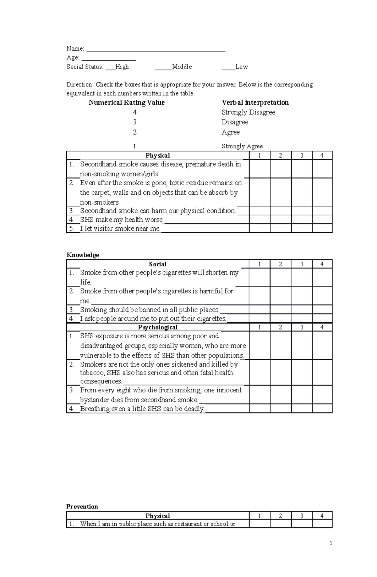 Questionnaire (SHS) - Lecture notes 1 - Name ...